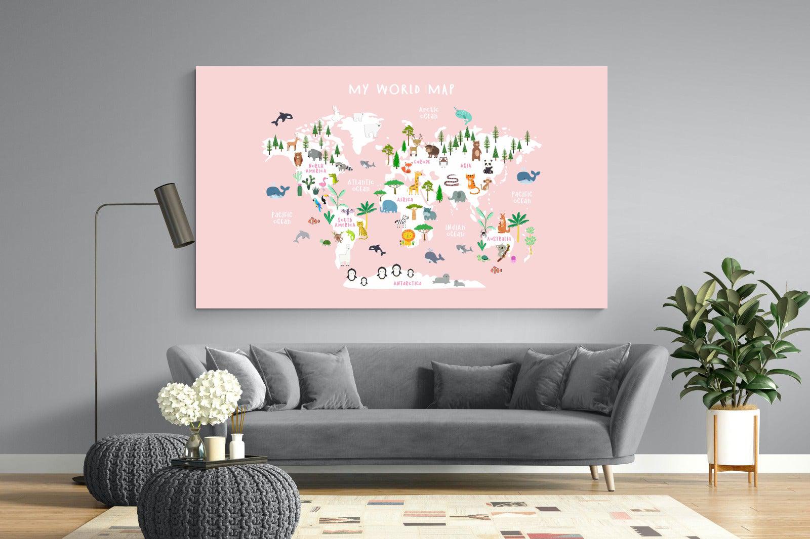 Kids World Map (Pink)-Wall_Art-220 x 130cm-Mounted Canvas-No Frame-Pixalot