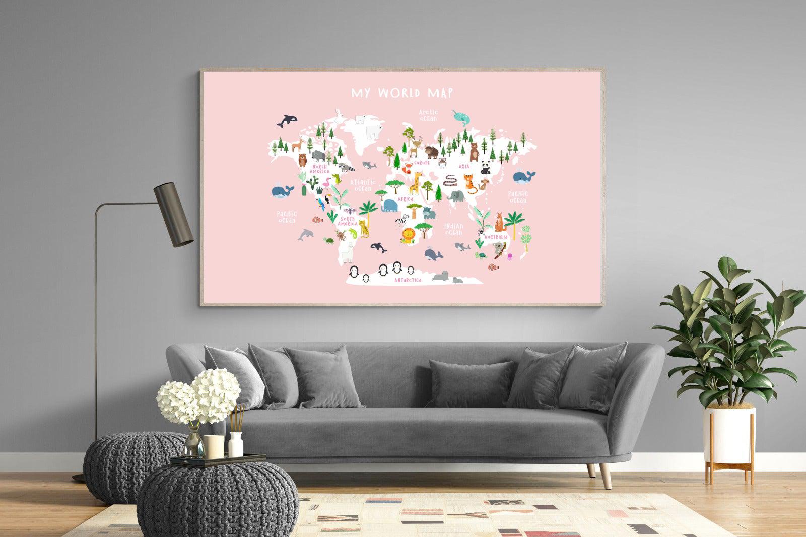 Kids World Map (Pink)-Wall_Art-220 x 130cm-Mounted Canvas-Wood-Pixalot