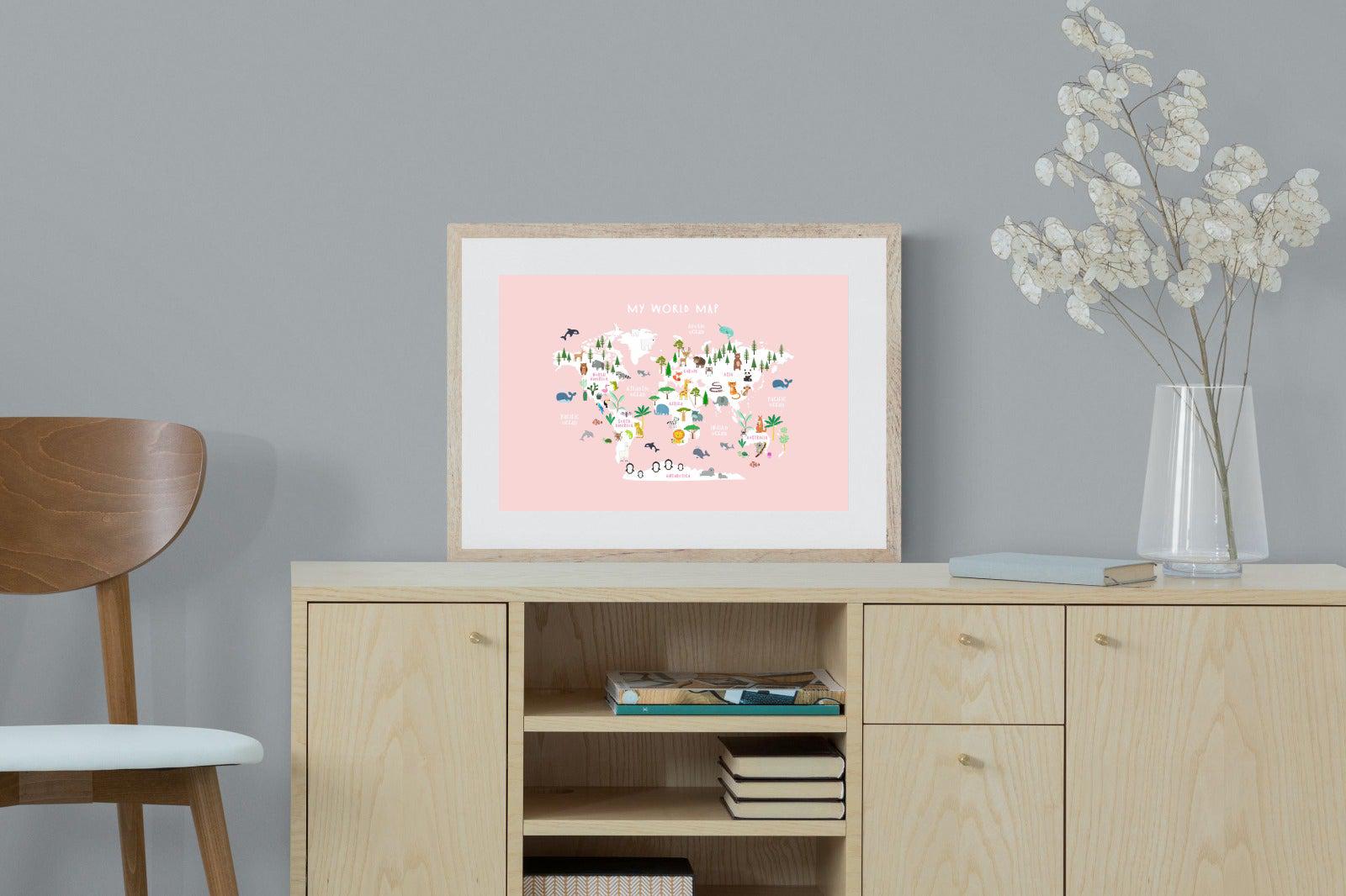 Kids World Map (Pink)-Wall_Art-60 x 45cm-Framed Print-Wood-Pixalot