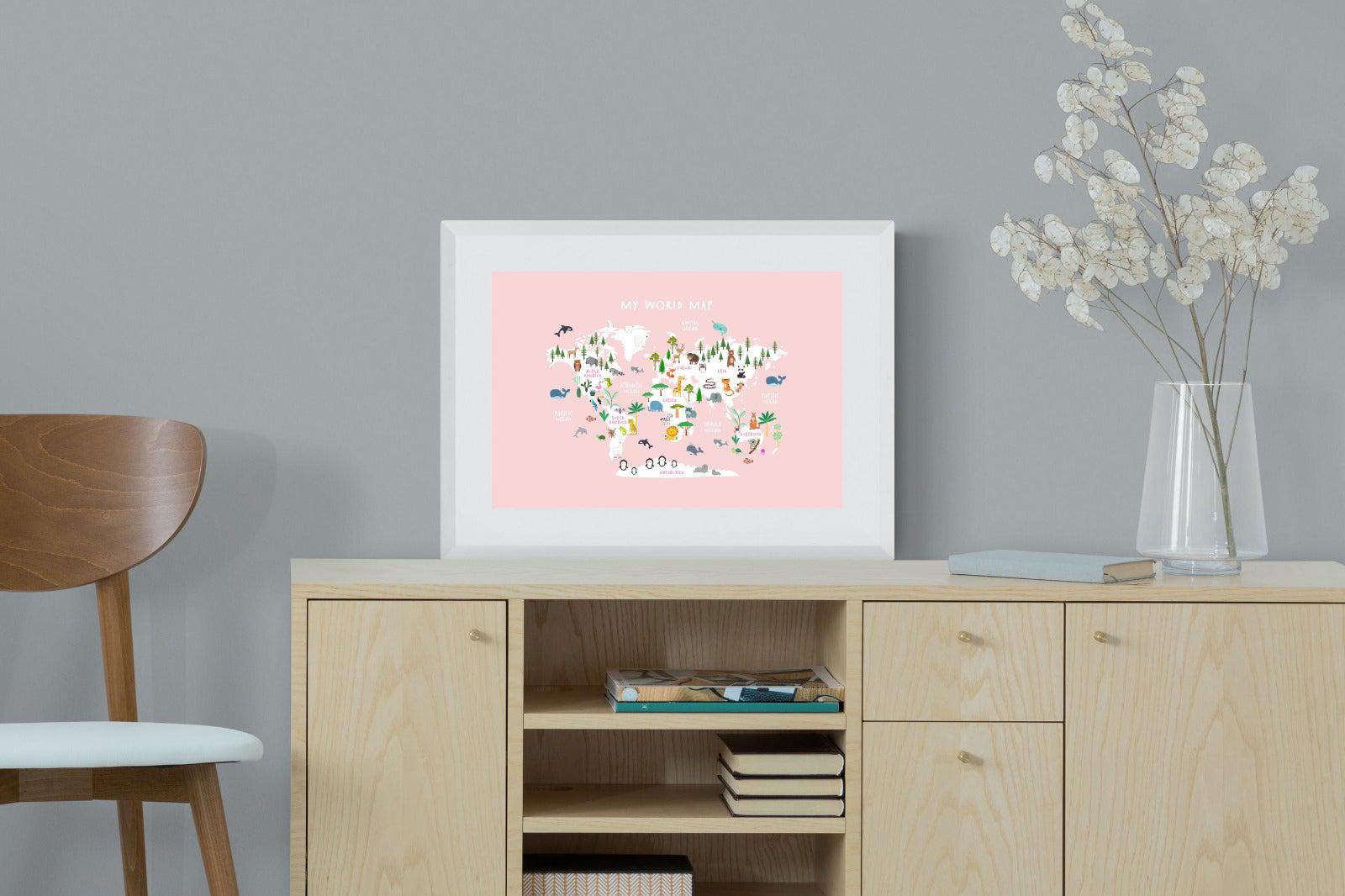 Kids World Map (Pink)-Wall_Art-60 x 45cm-Framed Print-White-Pixalot