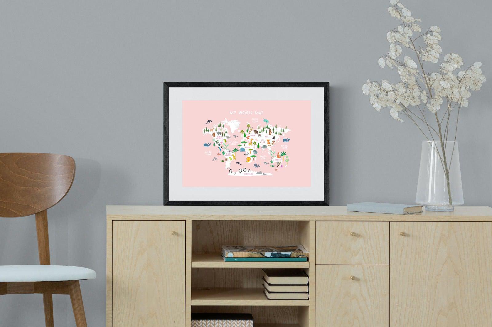Kids World Map (Pink)-Wall_Art-60 x 45cm-Framed Print-Black-Pixalot