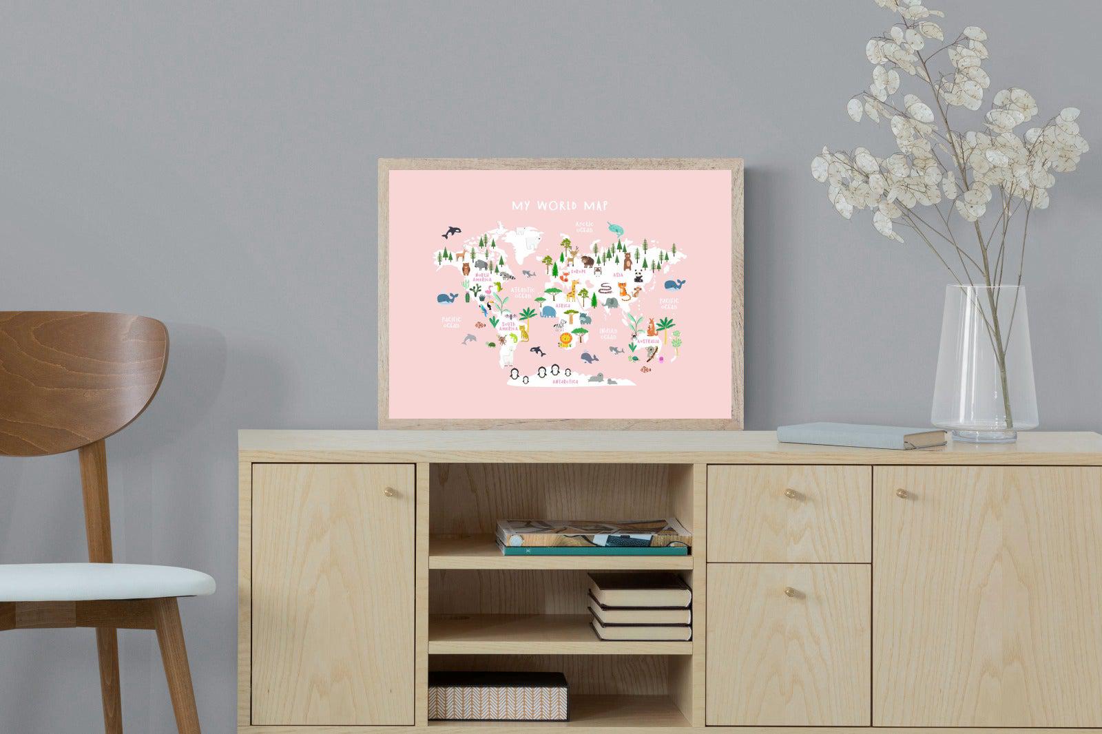 Kids World Map (Pink)-Wall_Art-60 x 45cm-Mounted Canvas-Wood-Pixalot