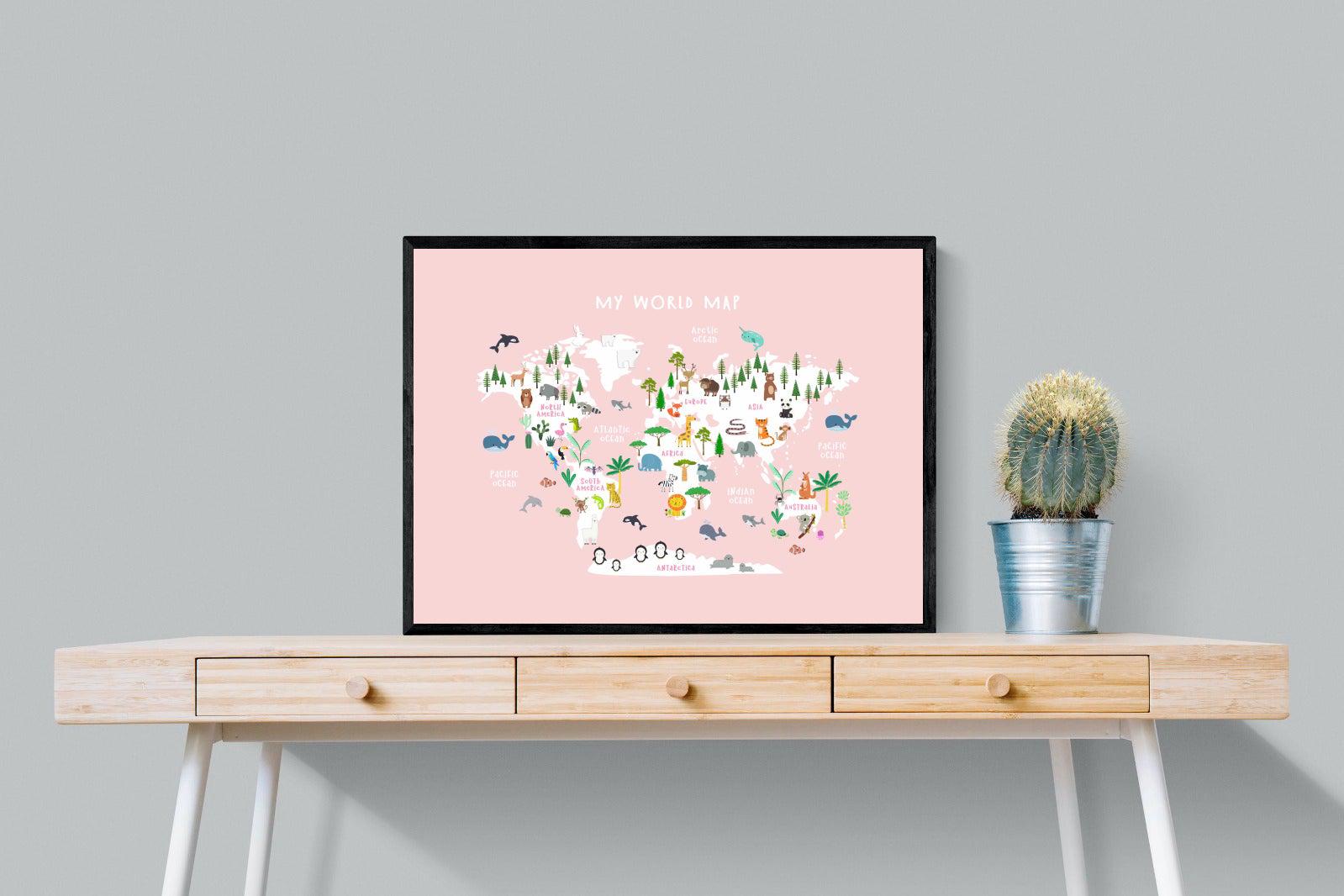 Kids World Map (Pink)-Wall_Art-80 x 60cm-Mounted Canvas-Black-Pixalot