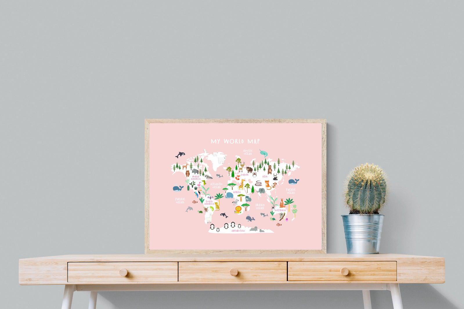 Kids World Map (Pink)-Wall_Art-80 x 60cm-Mounted Canvas-Wood-Pixalot