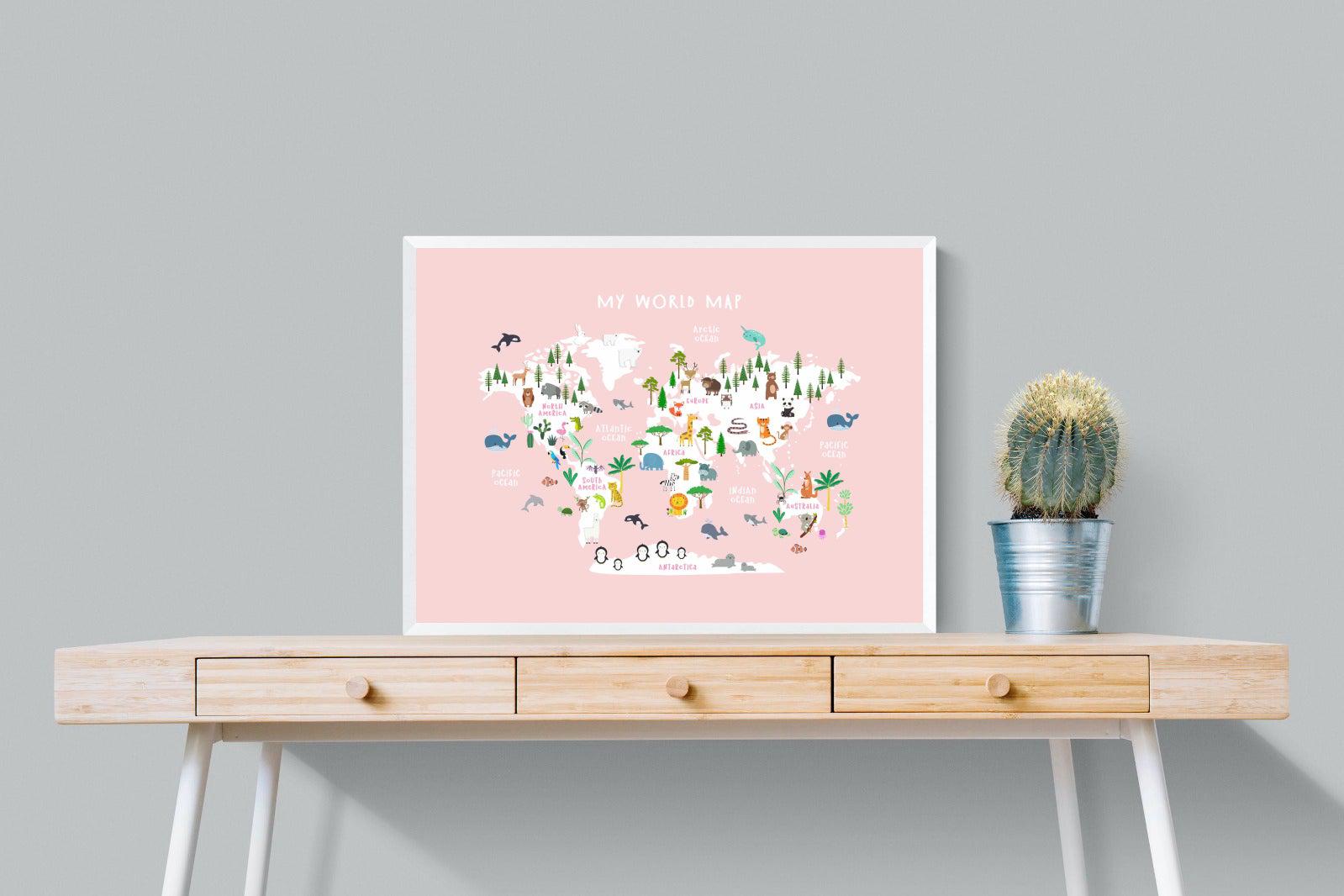 Kids World Map (Pink)-Wall_Art-80 x 60cm-Mounted Canvas-White-Pixalot