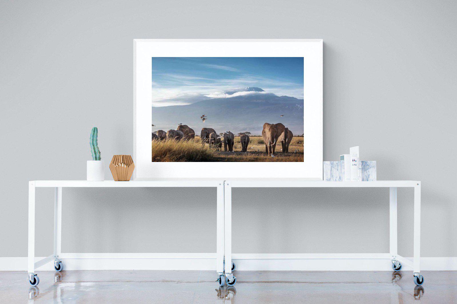 Kilimanjaro Elephants-Wall_Art-120 x 90cm-Framed Print-White-Pixalot