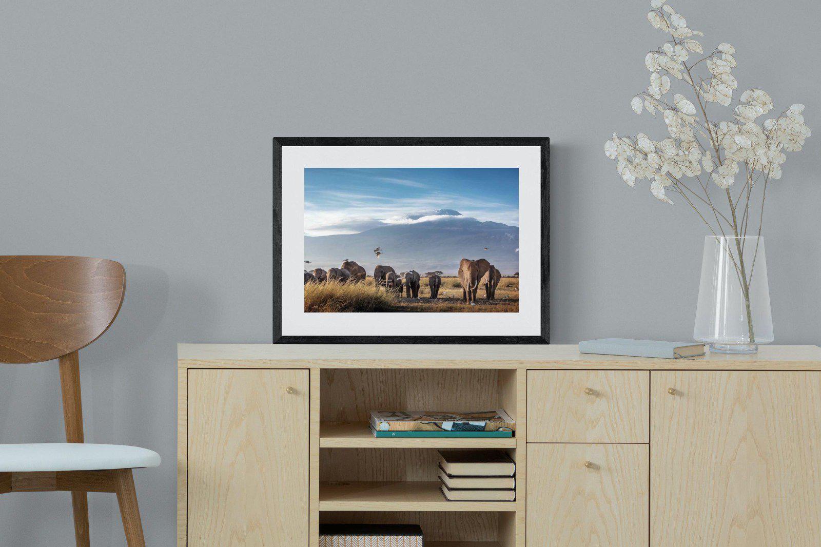 Kilimanjaro Elephants-Wall_Art-60 x 45cm-Framed Print-Black-Pixalot