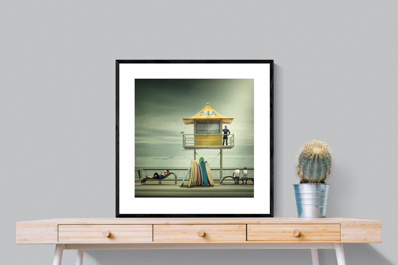 Lifeguard Tower-Wall_Art-80 x 80cm-Framed Print-Black-Pixalot
