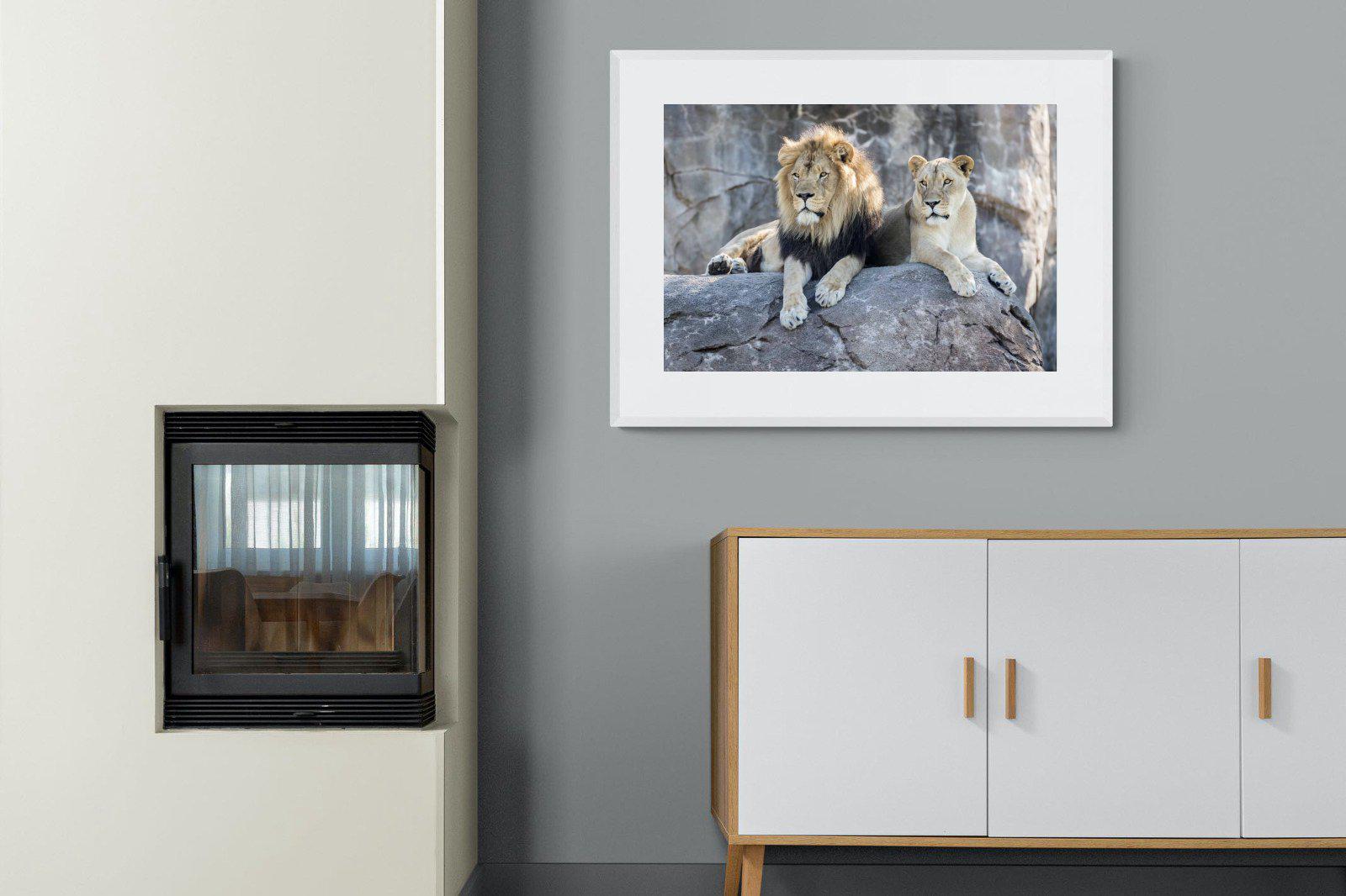 Lion & Lioness-Wall_Art-100 x 75cm-Framed Print-White-Pixalot