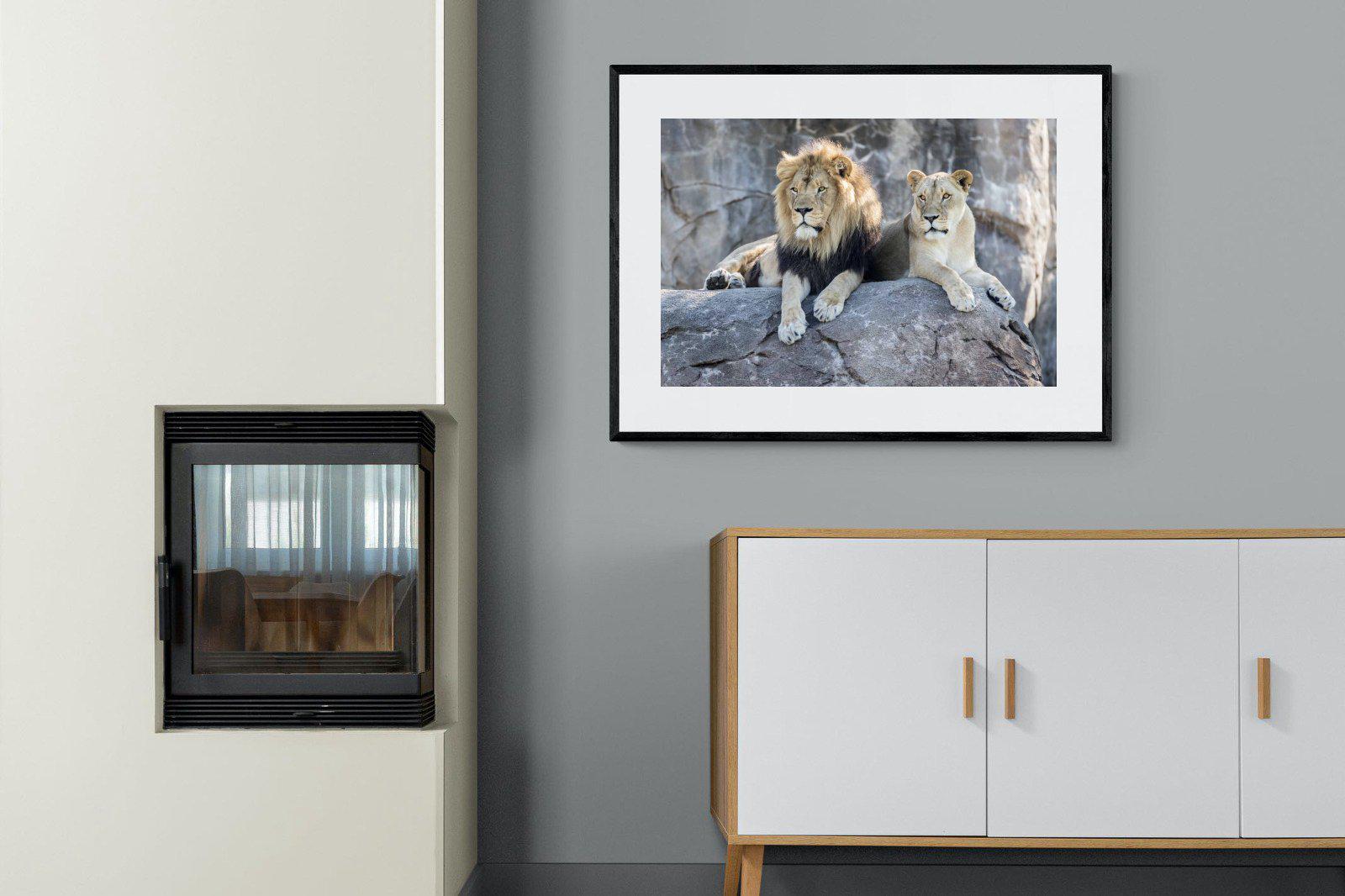 Lion & Lioness-Wall_Art-100 x 75cm-Framed Print-Black-Pixalot