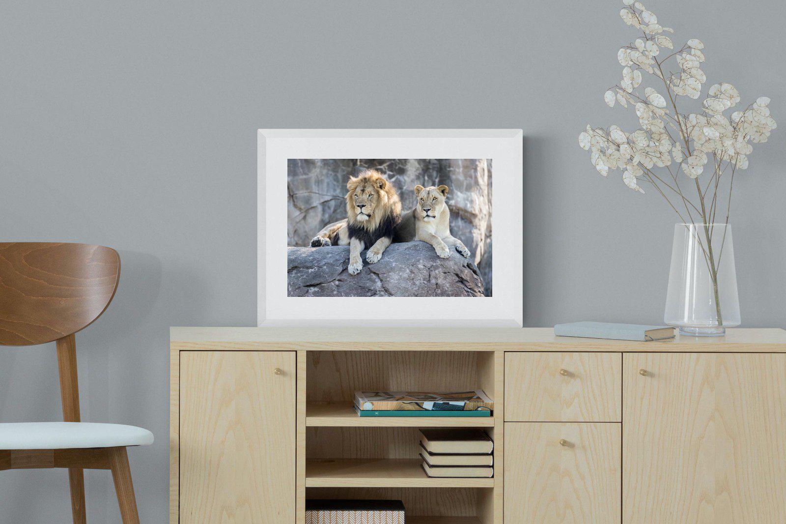 Lion & Lioness-Wall_Art-60 x 45cm-Framed Print-White-Pixalot