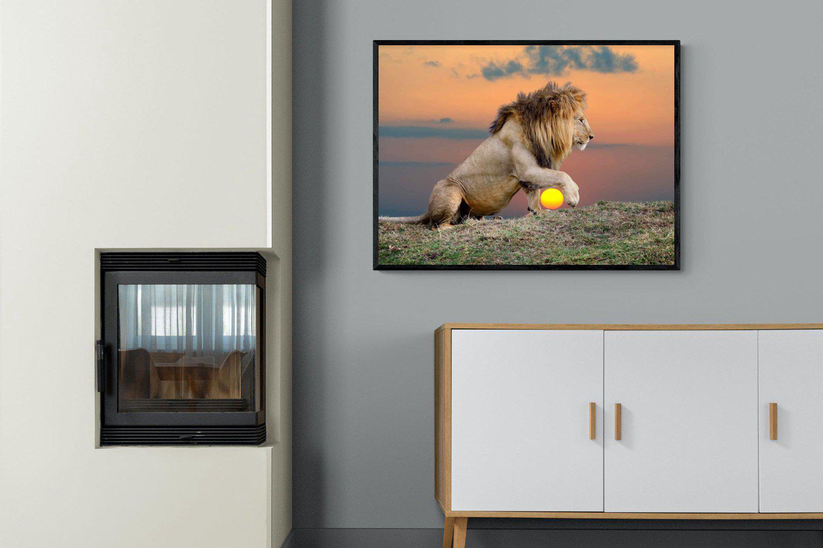 Lion Sunset-Wall_Art-100 x 75cm-Mounted Canvas-Black-Pixalot