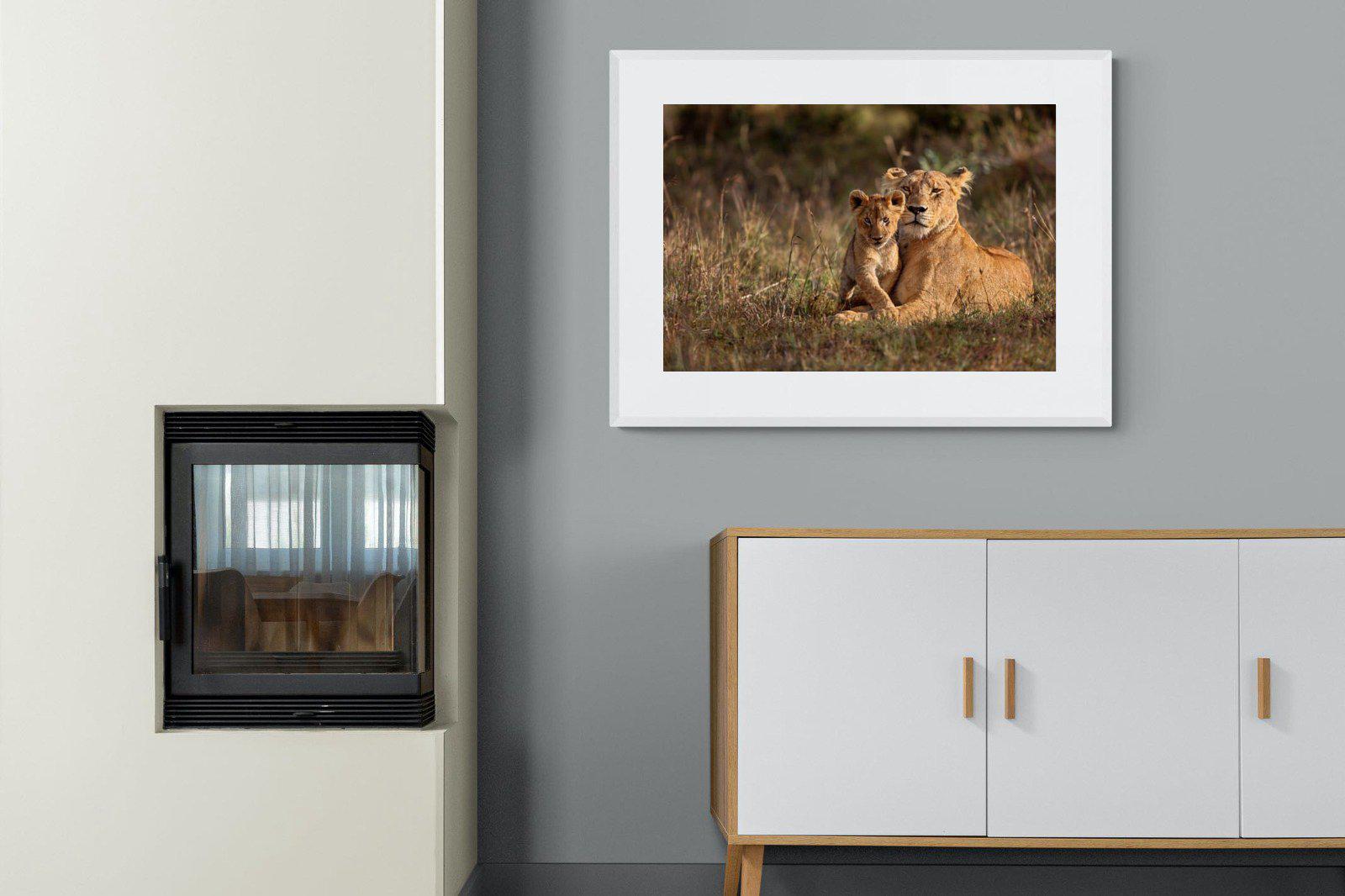 Lioness & Cub-Wall_Art-100 x 75cm-Framed Print-White-Pixalot