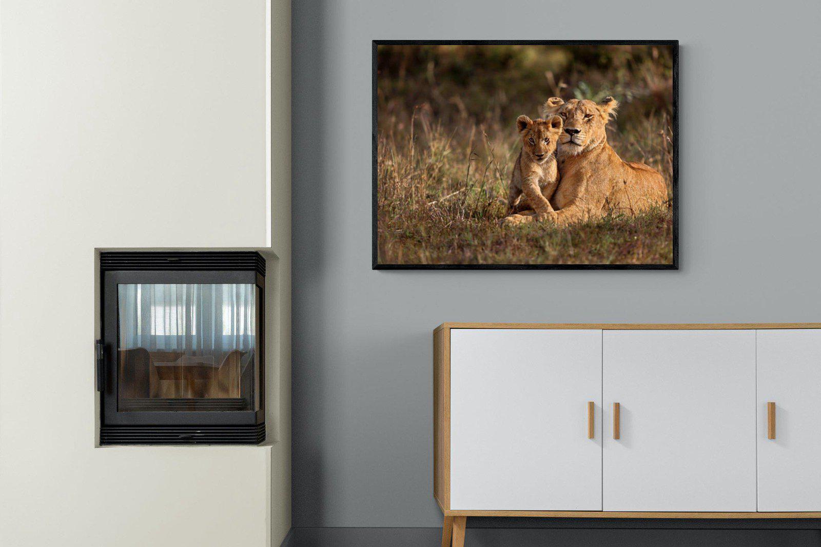 Lioness & Cub-Wall_Art-100 x 75cm-Mounted Canvas-Black-Pixalot