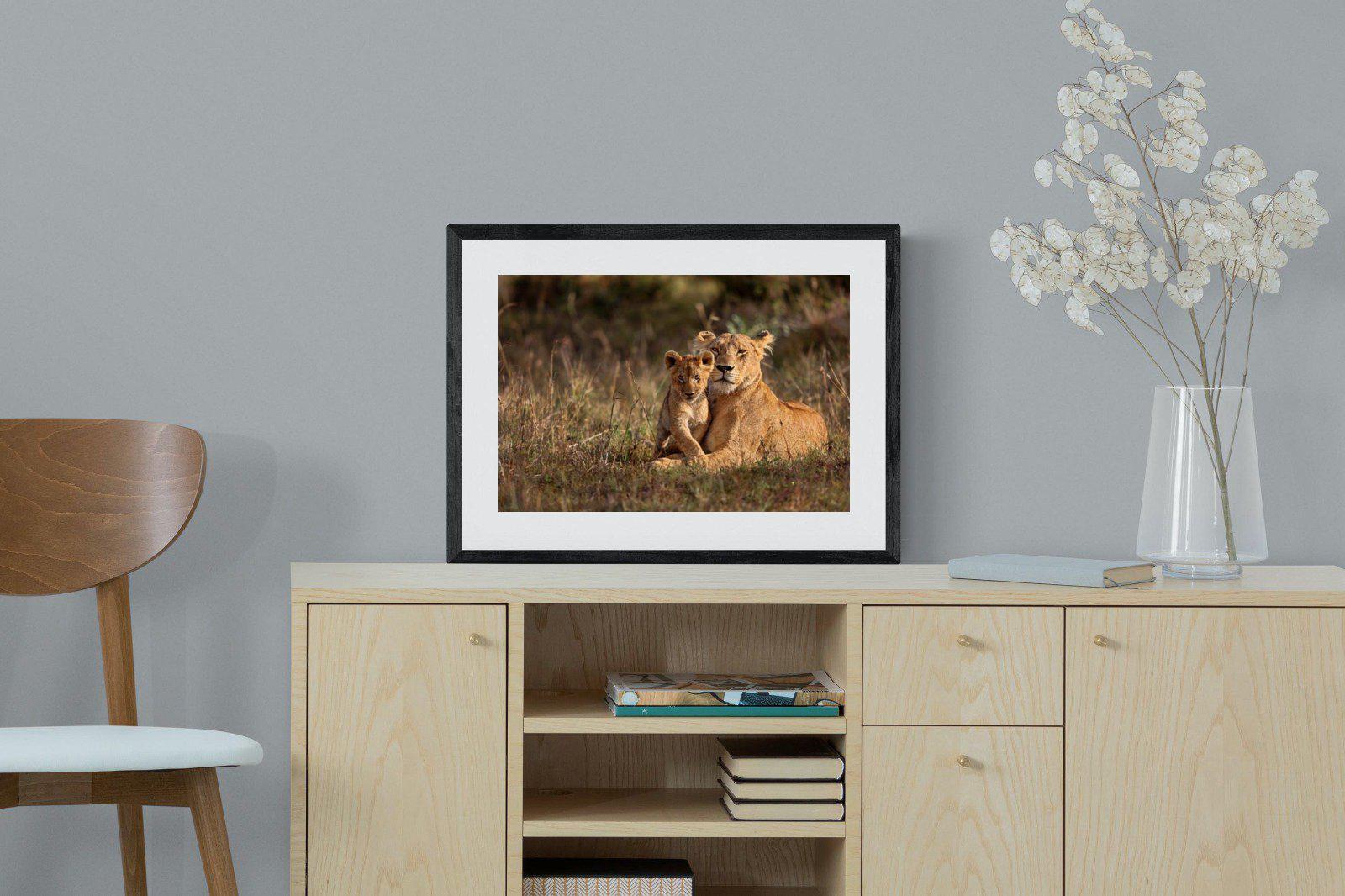 Lioness & Cub-Wall_Art-60 x 45cm-Framed Print-Black-Pixalot