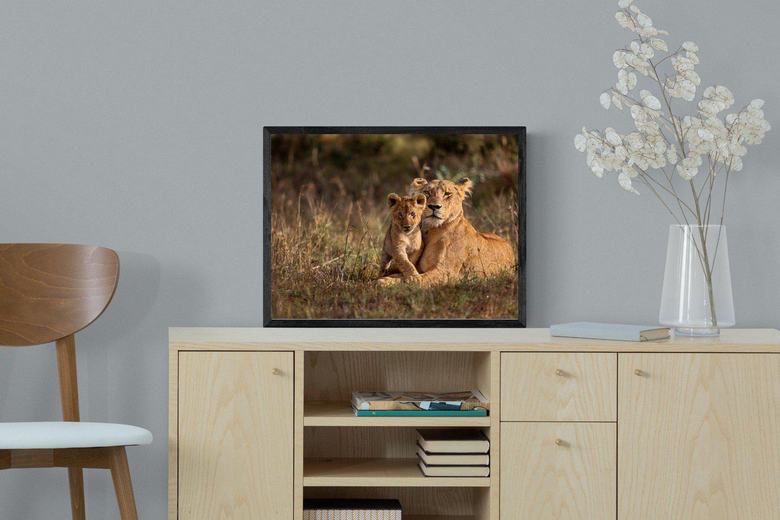 Lioness & Cub-Wall_Art-60 x 45cm-Mounted Canvas-Black-Pixalot