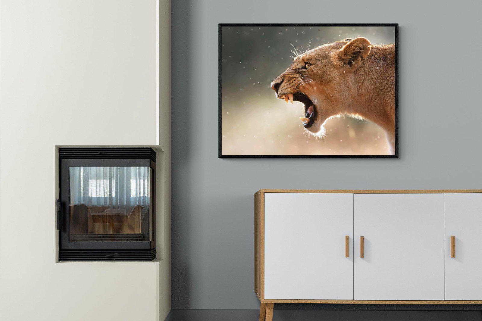 Lioness Roar-Wall_Art-100 x 75cm-Mounted Canvas-Black-Pixalot