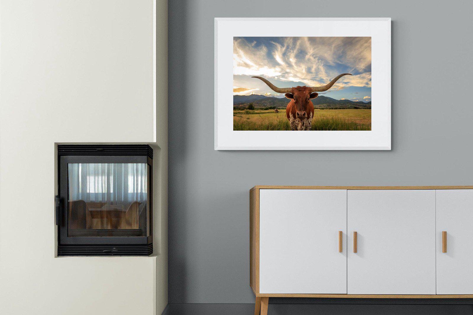 Long Horn-Wall_Art-100 x 75cm-Framed Print-White-Pixalot