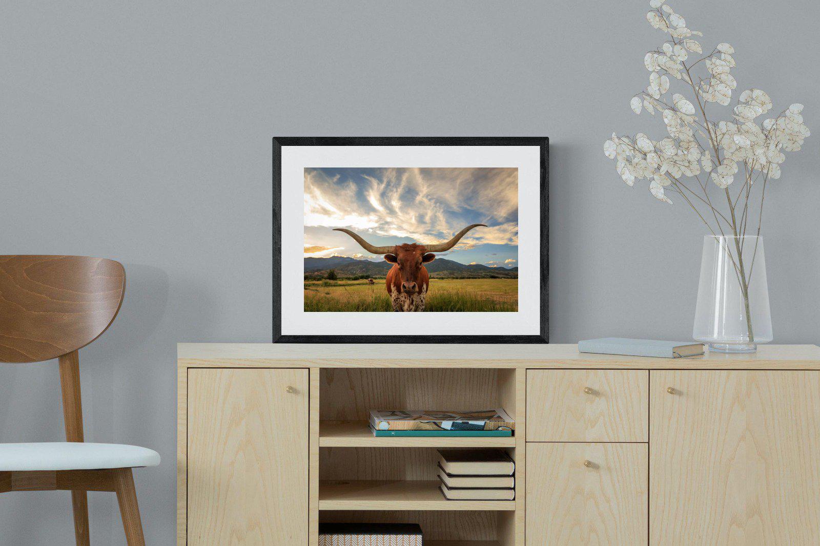 Long Horn-Wall_Art-60 x 45cm-Framed Print-Black-Pixalot