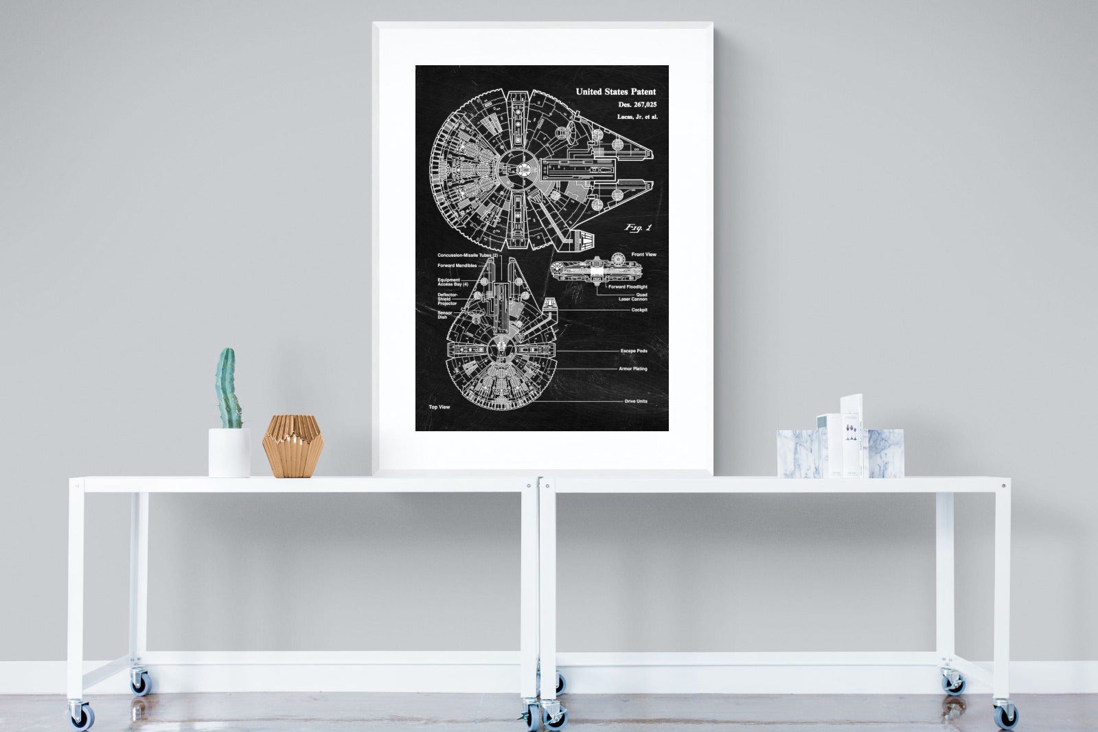 Millennium Falcon Blueprint-Wall_Art-90 x 120cm-Framed Print-White-Pixalot