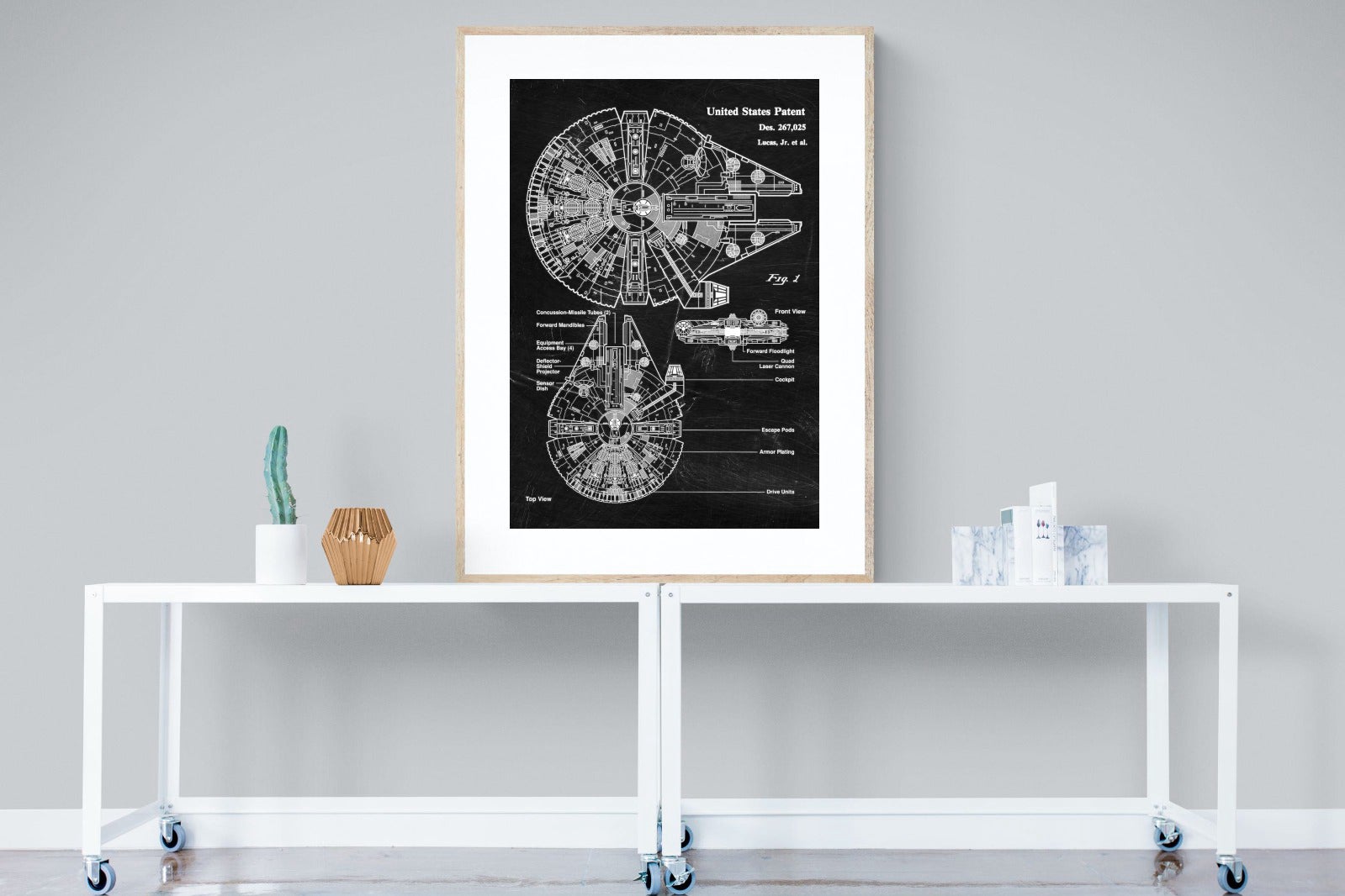 Millennium Falcon Blueprint-Wall_Art-90 x 120cm-Framed Print-Wood-Pixalot
