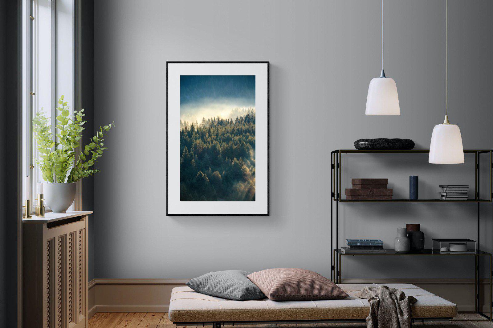 Misty Pine Forest-Wall_Art-100 x 150cm-Framed Print-Black-Pixalot