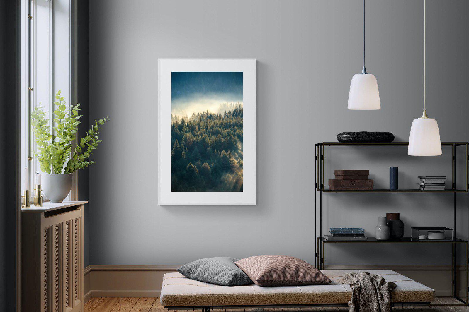 Misty Pine Forest-Wall_Art-100 x 150cm-Framed Print-White-Pixalot