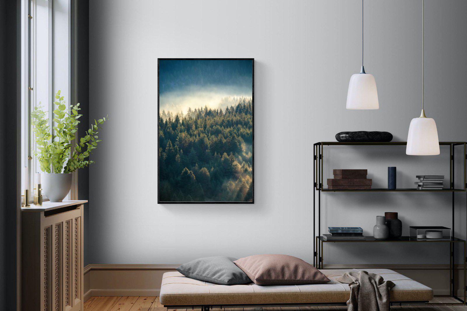 Misty Pine Forest-Wall_Art-100 x 150cm-Mounted Canvas-Black-Pixalot