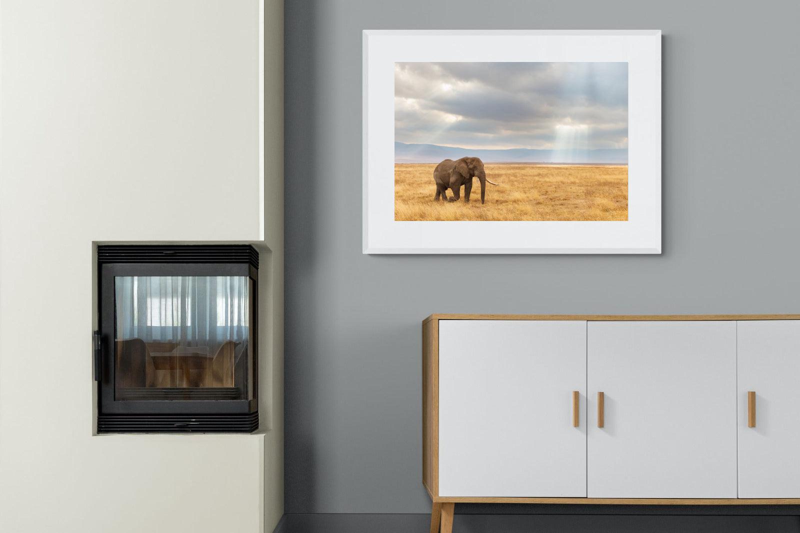 Ngorongoro Ele-Wall_Art-100 x 75cm-Framed Print-White-Pixalot
