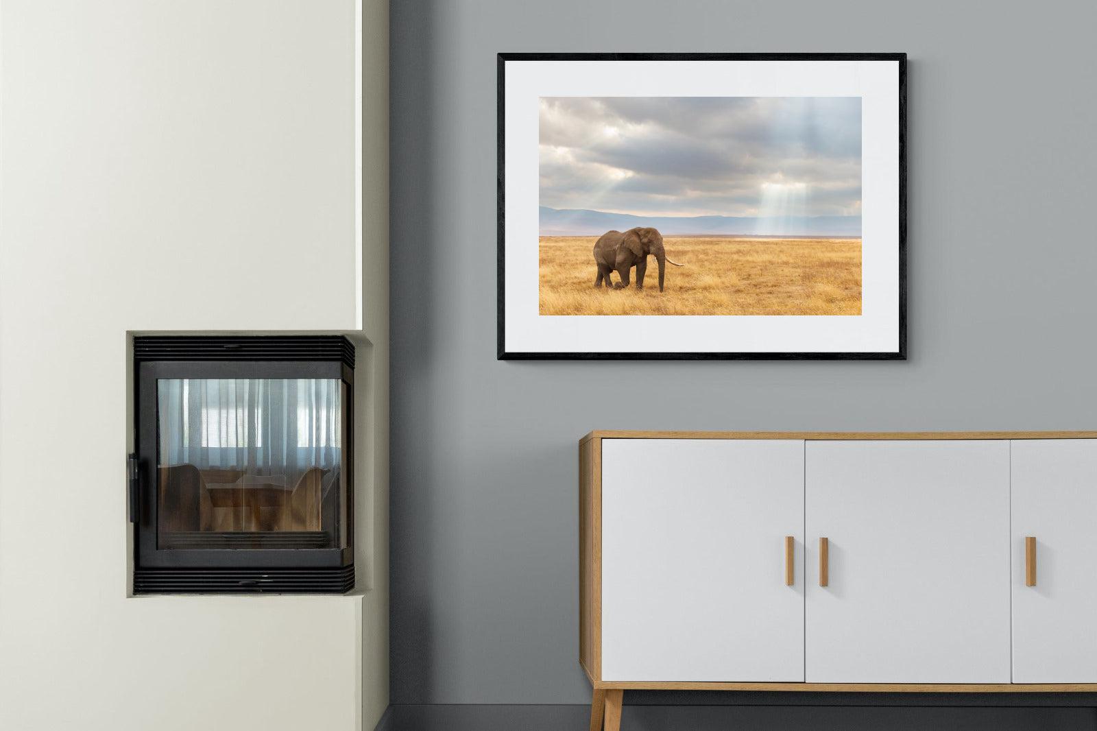 Ngorongoro Ele-Wall_Art-100 x 75cm-Framed Print-Black-Pixalot