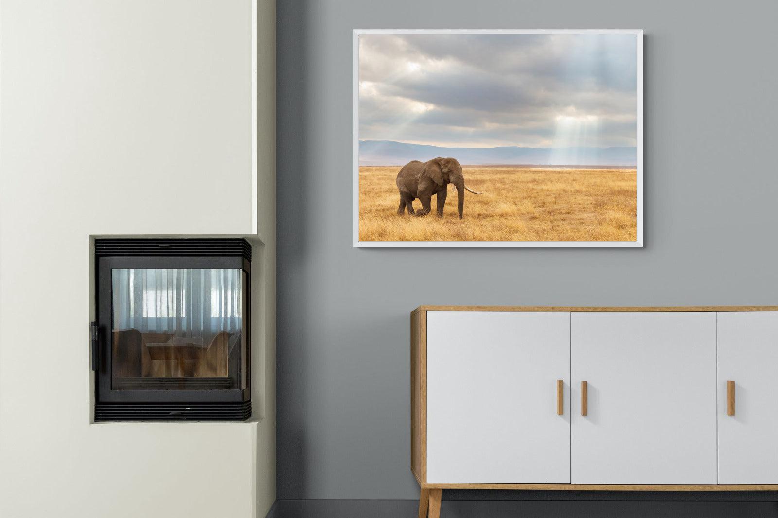 Ngorongoro Ele-Wall_Art-100 x 75cm-Mounted Canvas-White-Pixalot