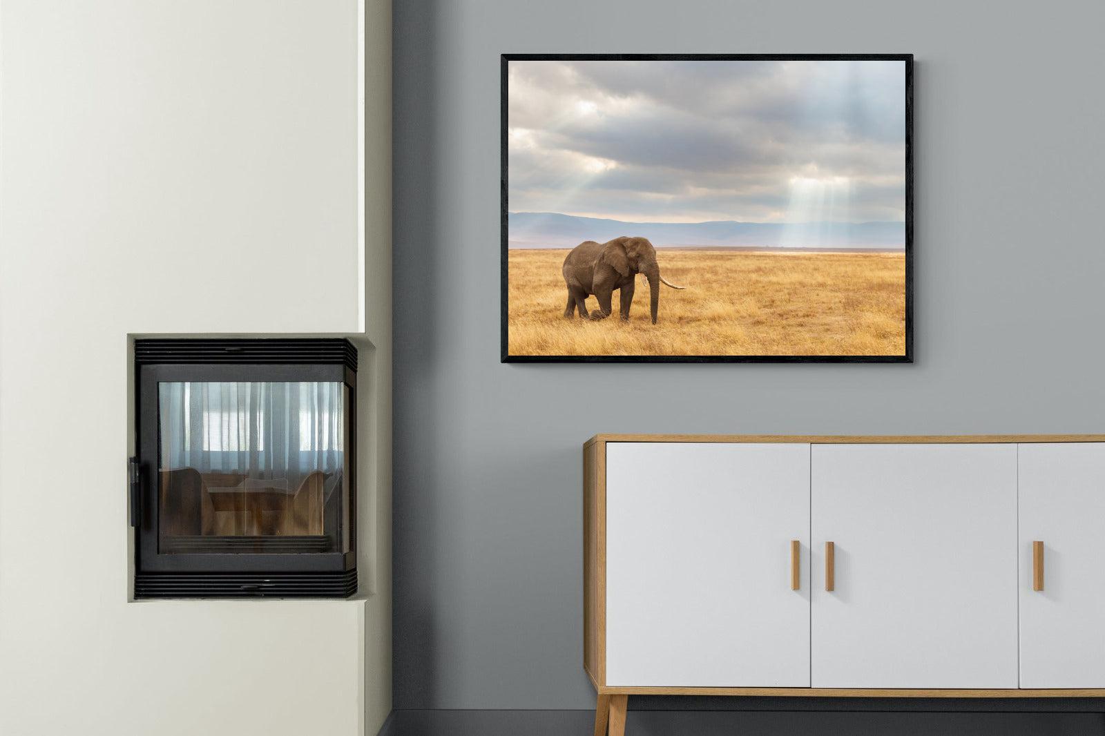 Ngorongoro Ele-Wall_Art-100 x 75cm-Mounted Canvas-Black-Pixalot