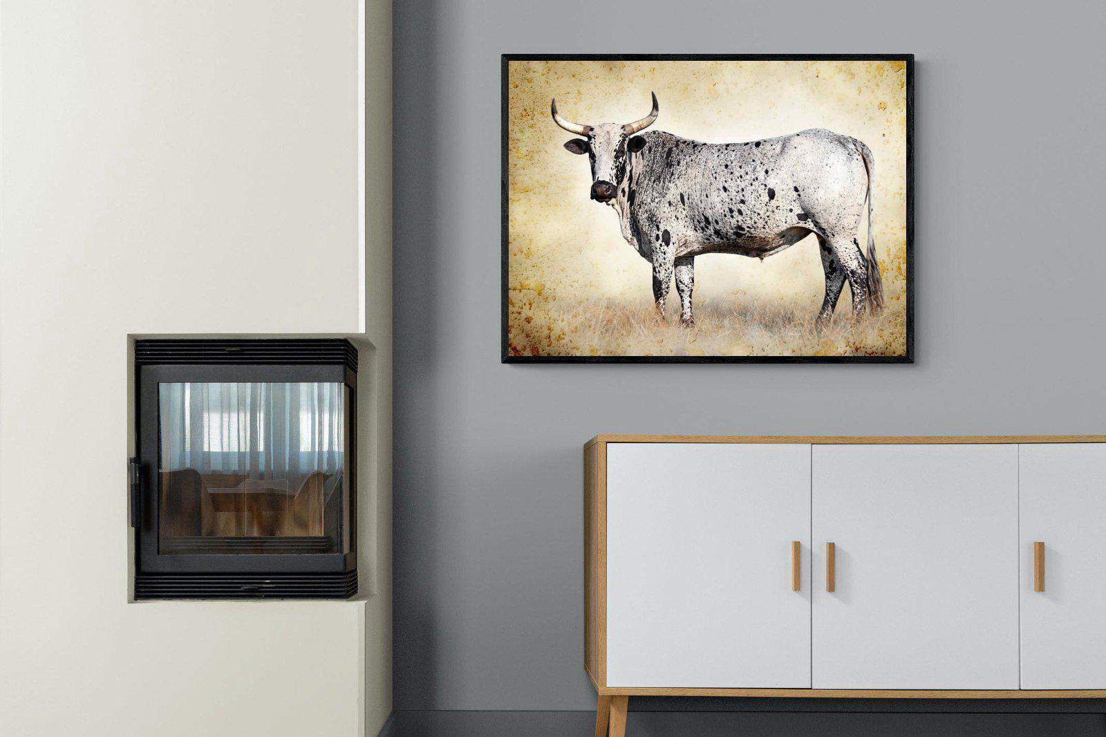 Nguni Ox-Wall_Art-100 x 75cm-Mounted Canvas-Black-Pixalot