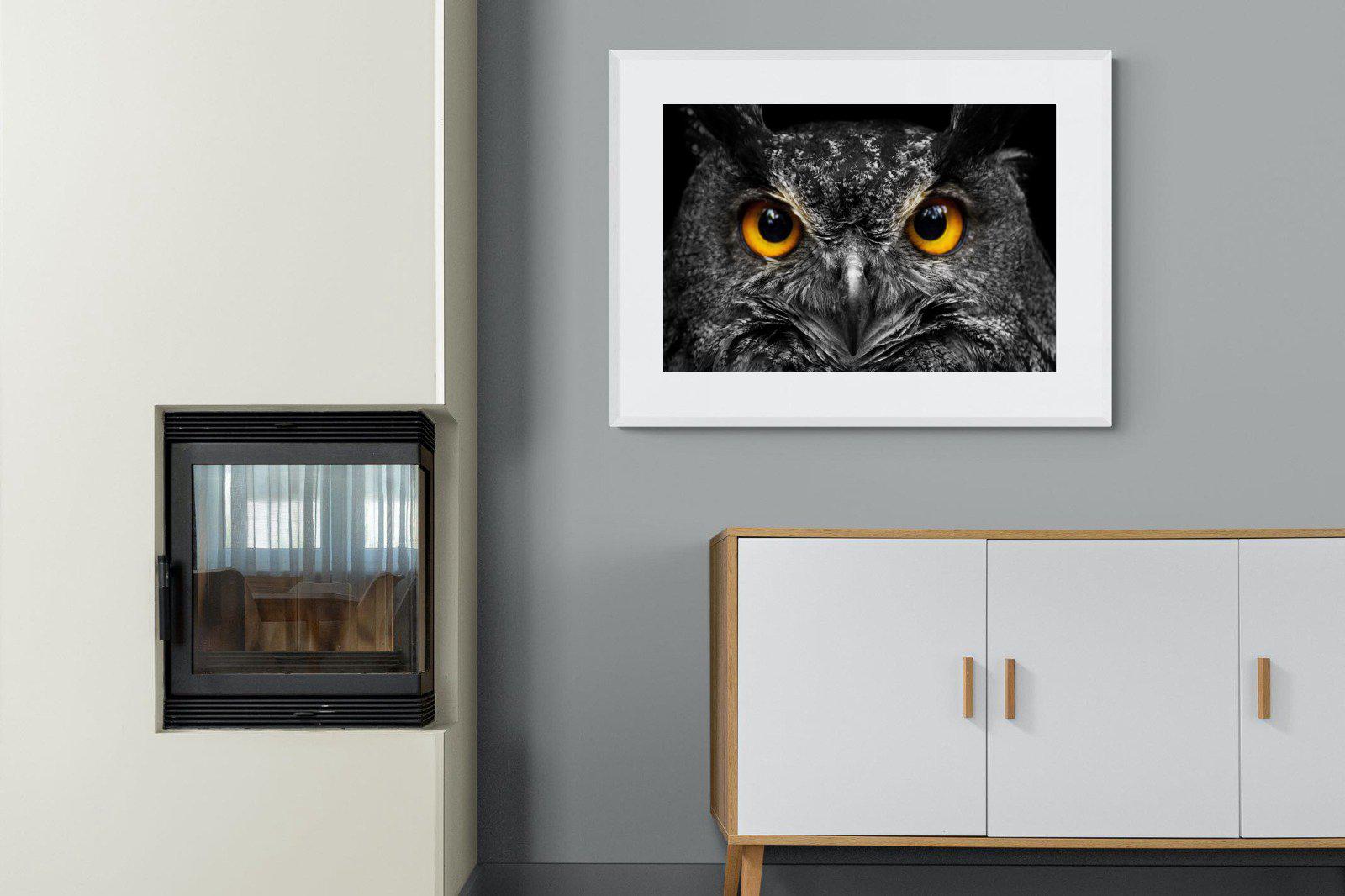 Owl Eyes-Wall_Art-100 x 75cm-Framed Print-White-Pixalot