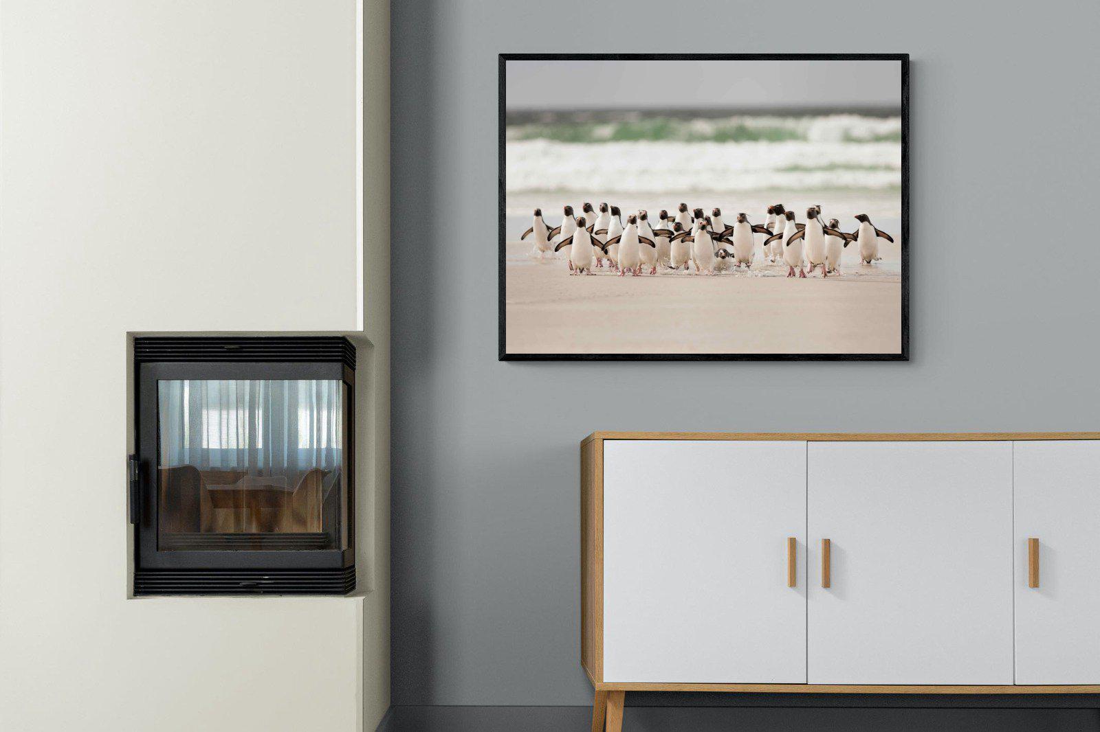 Penguin Flock-Wall_Art-100 x 75cm-Mounted Canvas-Black-Pixalot