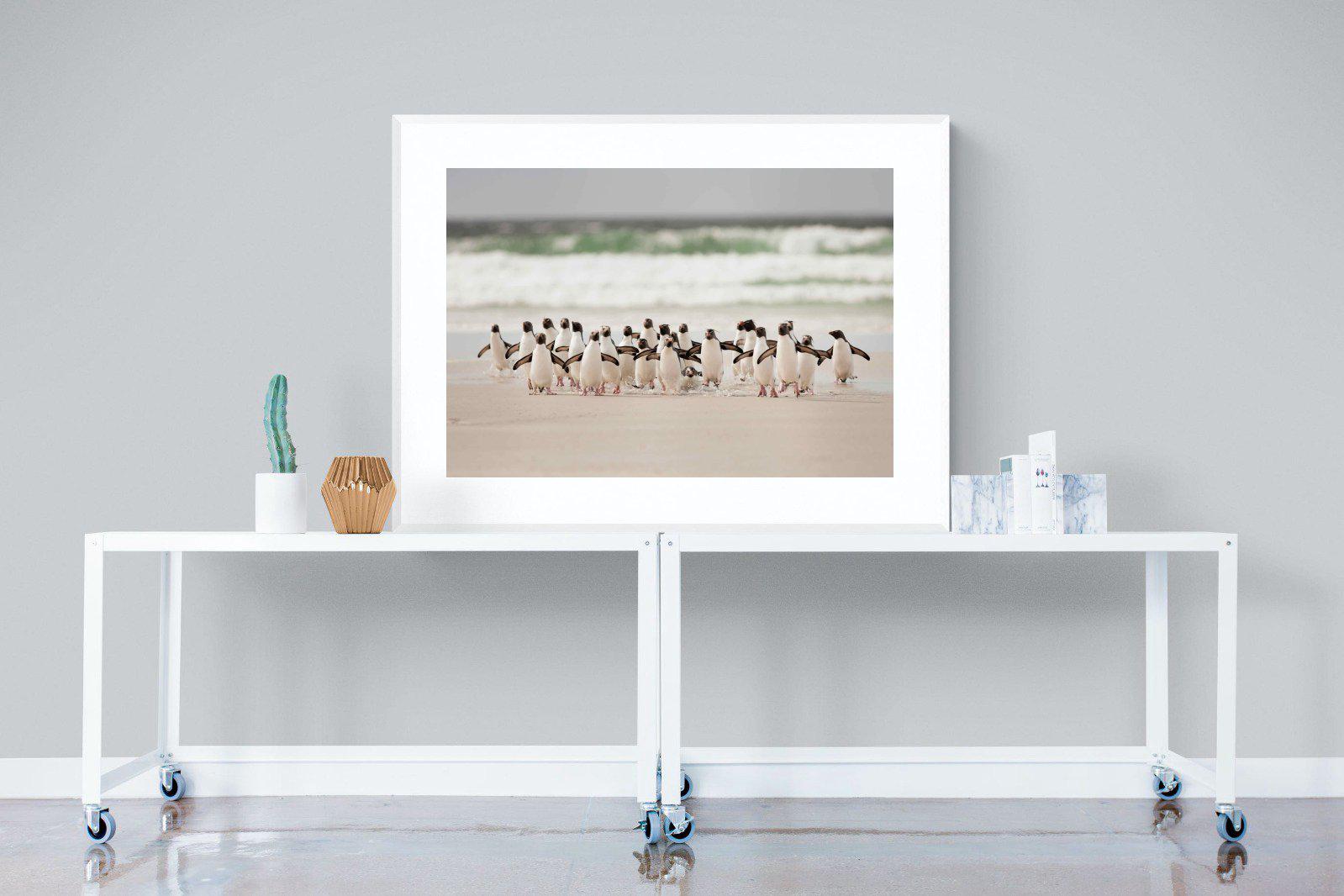 Penguin Flock-Wall_Art-120 x 90cm-Framed Print-White-Pixalot