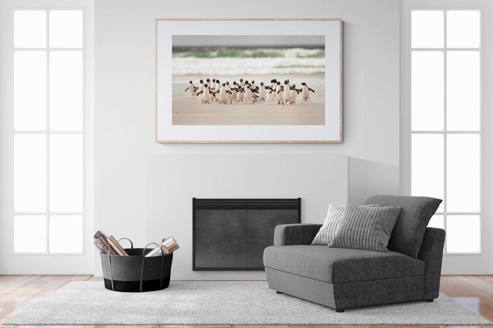 Penguin Flock-Wall_Art-150 x 100cm-Framed Print-Wood-Pixalot