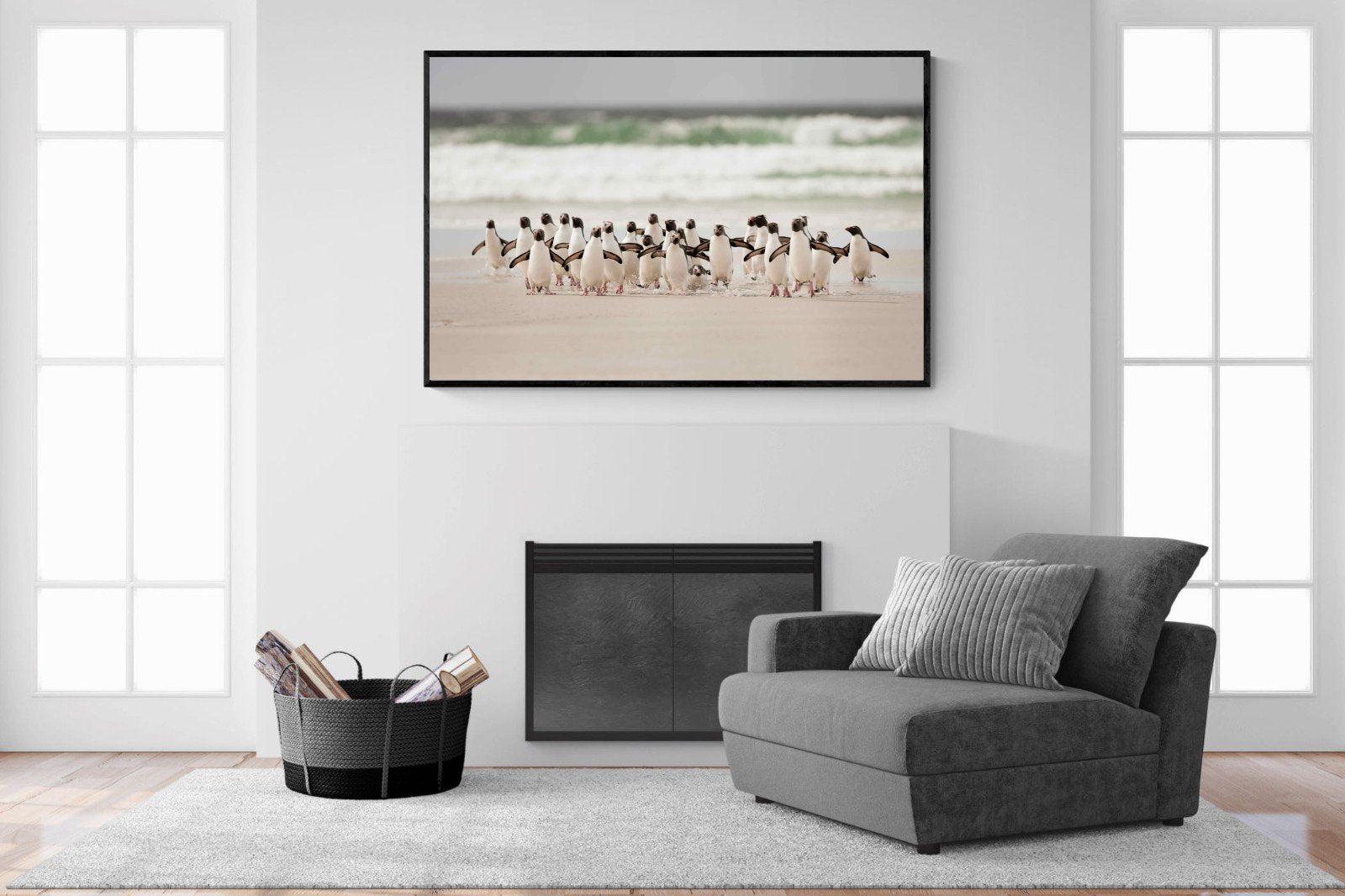 Penguin Flock-Wall_Art-150 x 100cm-Mounted Canvas-Black-Pixalot