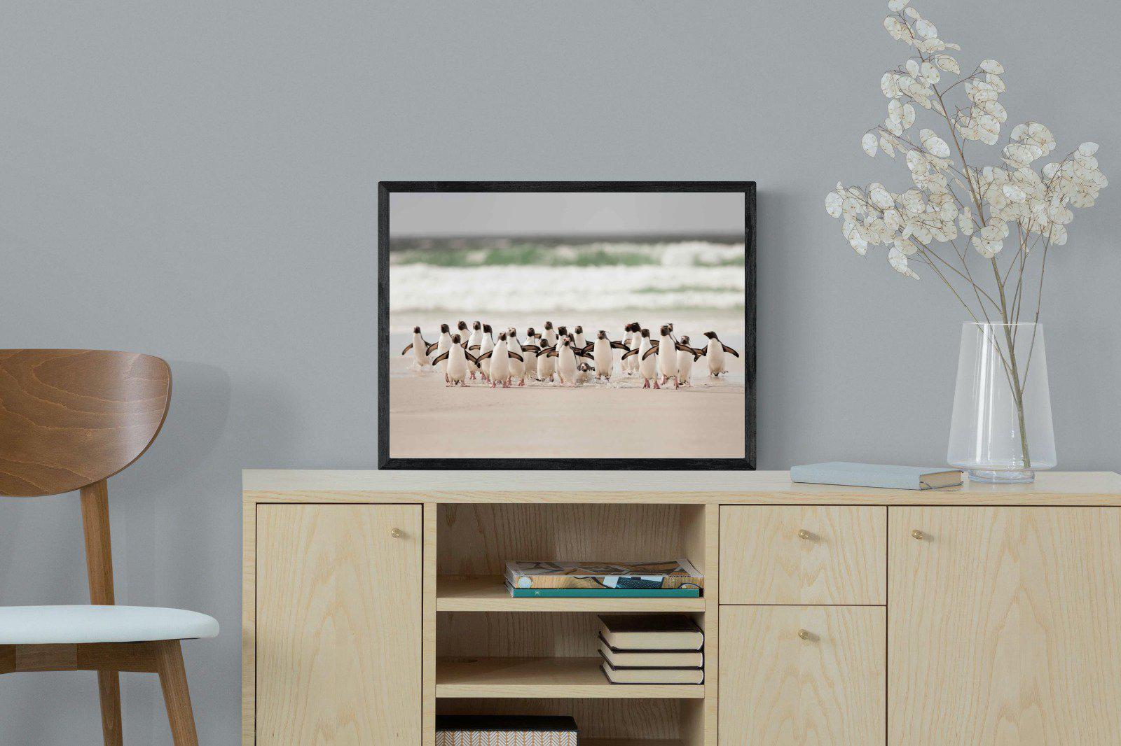Penguin Flock-Wall_Art-60 x 45cm-Mounted Canvas-Black-Pixalot