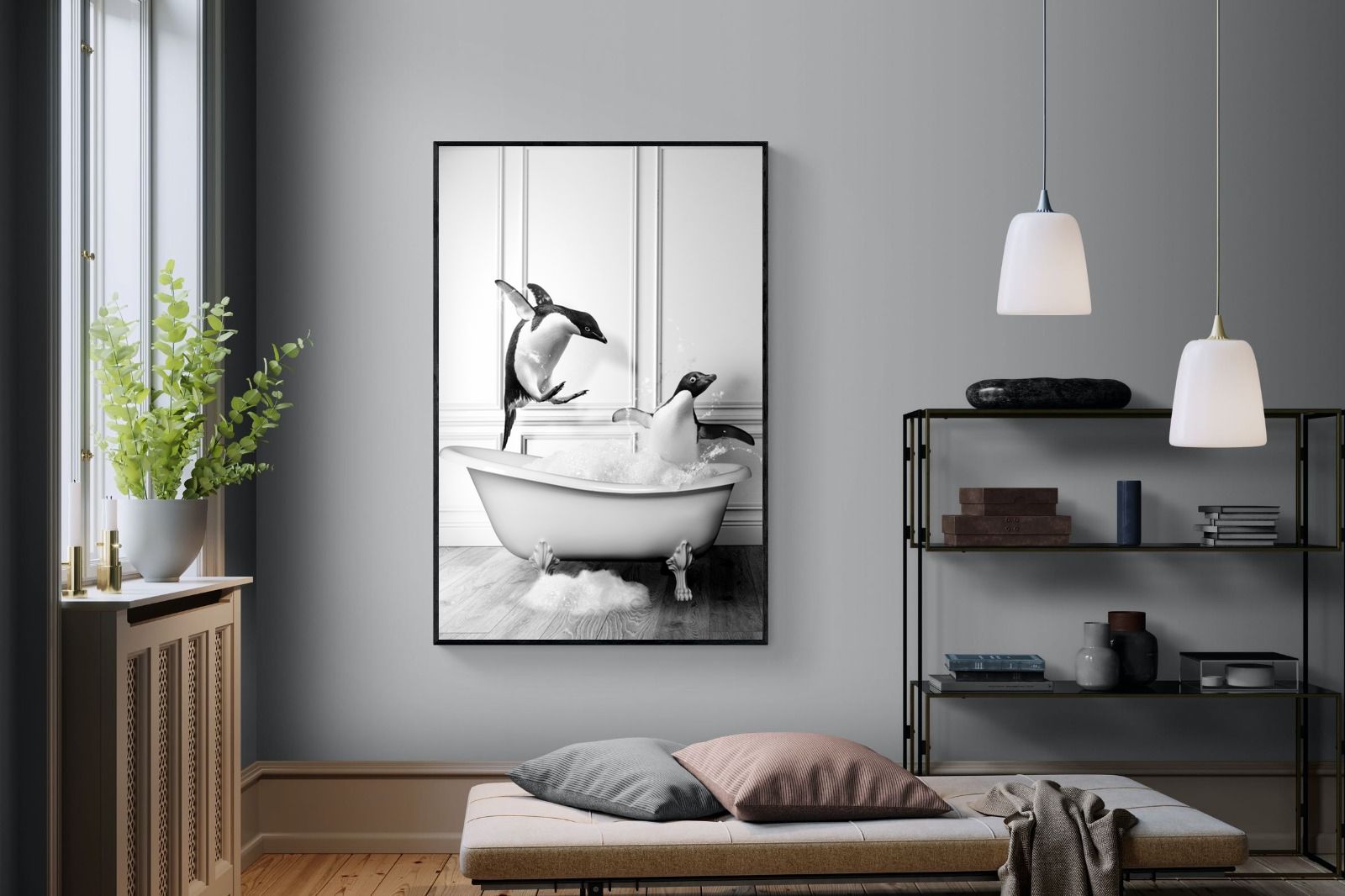 Penguin Tub-Wall_Art-120 x 180cm-Mounted Canvas-Black-Pixalot