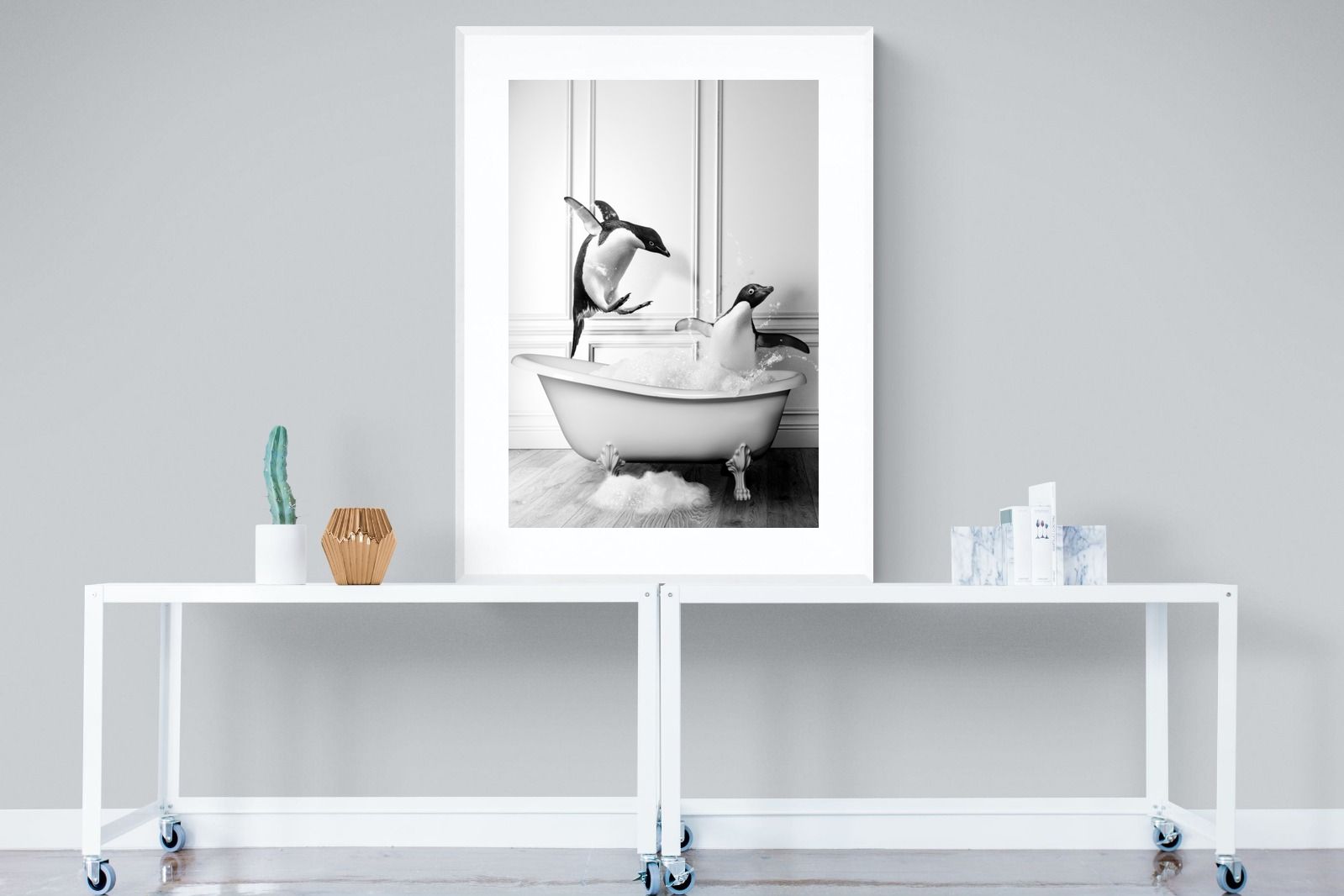 Penguin Tub-Wall_Art-90 x 120cm-Framed Print-White-Pixalot