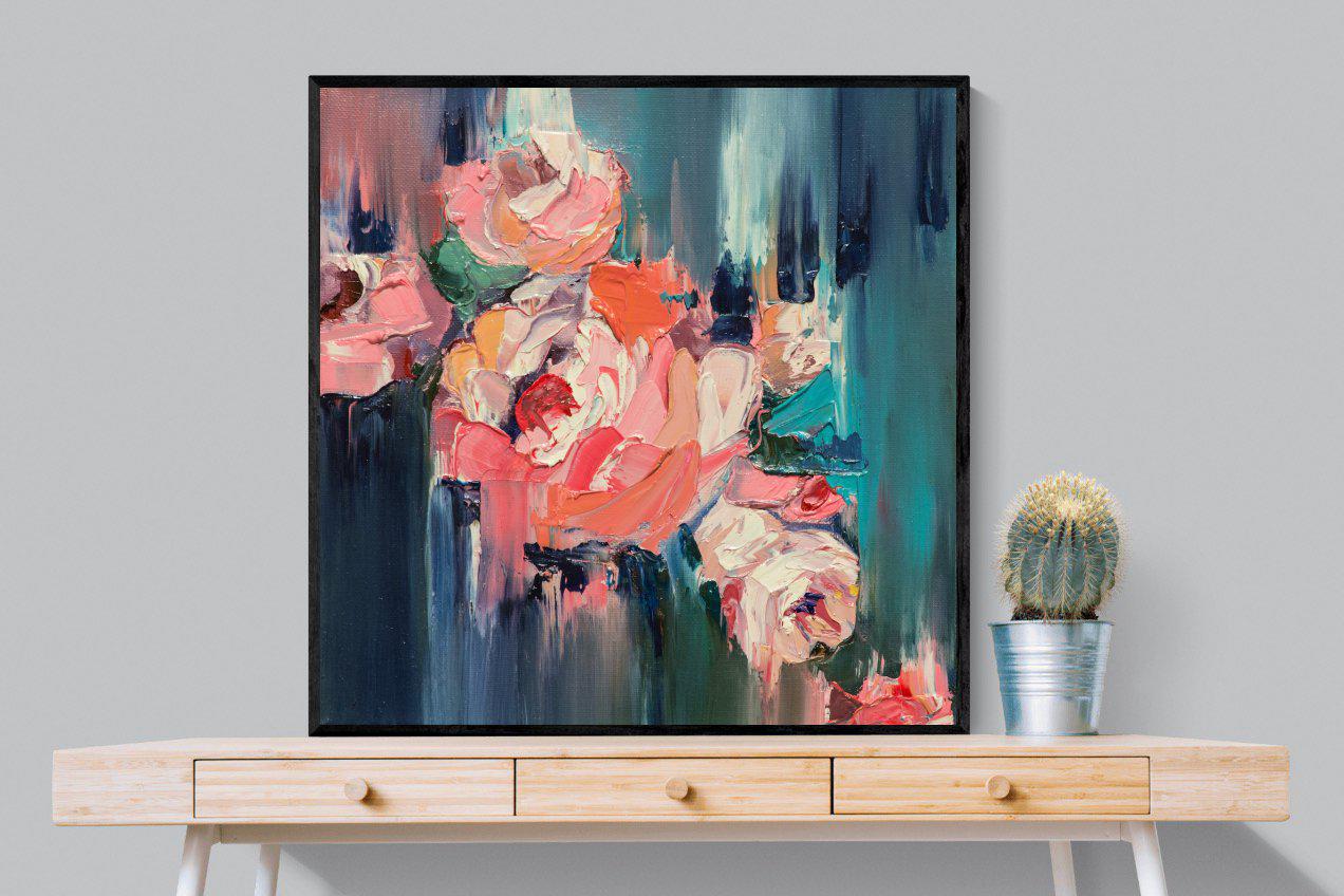 Peonies in Oil-Wall_Art-100 x 100cm-Mounted Canvas-Black-Pixalot