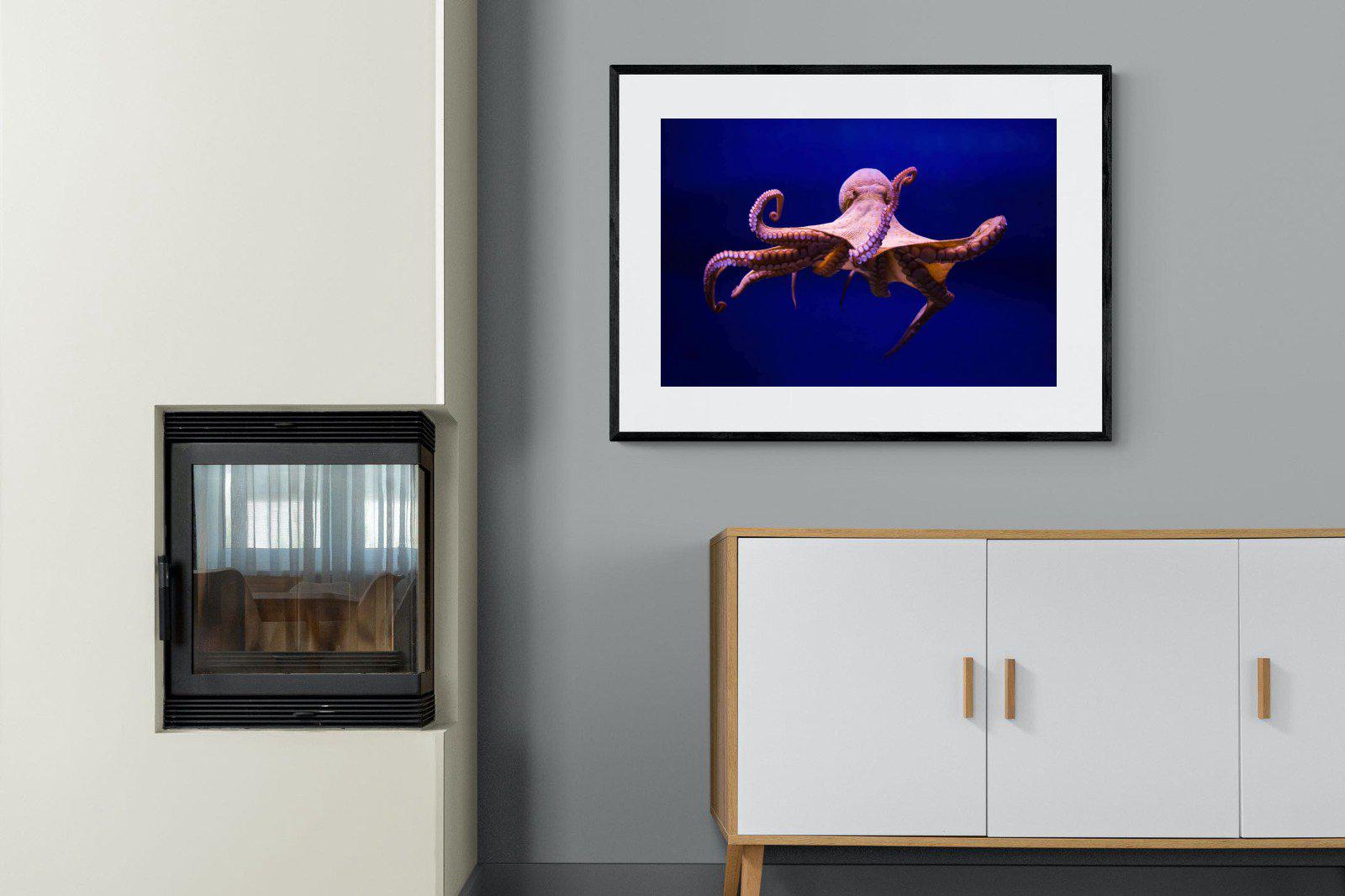 Red Octopus-Wall_Art-100 x 75cm-Framed Print-Black-Pixalot
