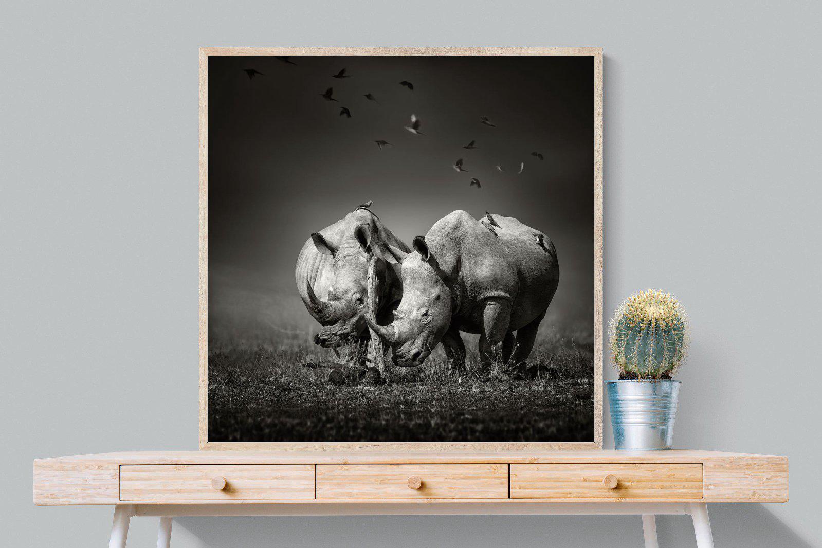 Rhino Pair-Wall_Art-100 x 100cm-Mounted Canvas-Wood-Pixalot