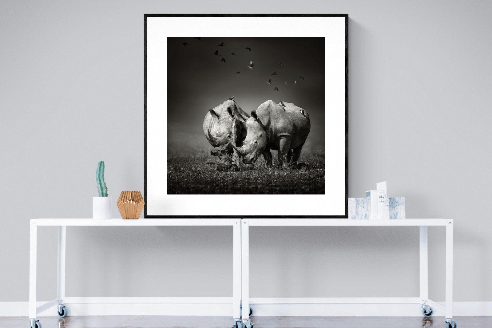 Rhino Pair-Wall_Art-120 x 120cm-Framed Print-Black-Pixalot