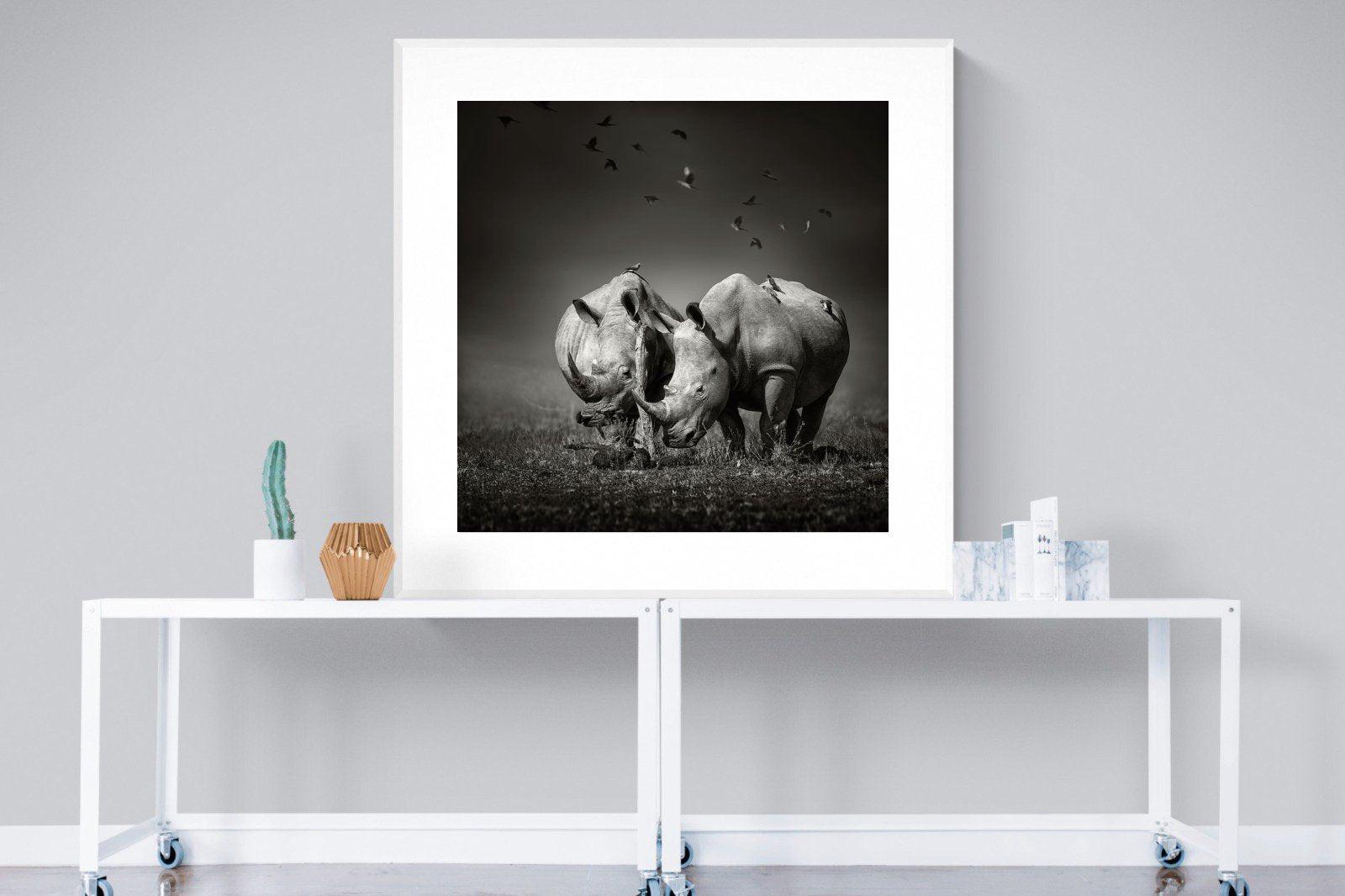 Rhino Pair-Wall_Art-120 x 120cm-Framed Print-White-Pixalot