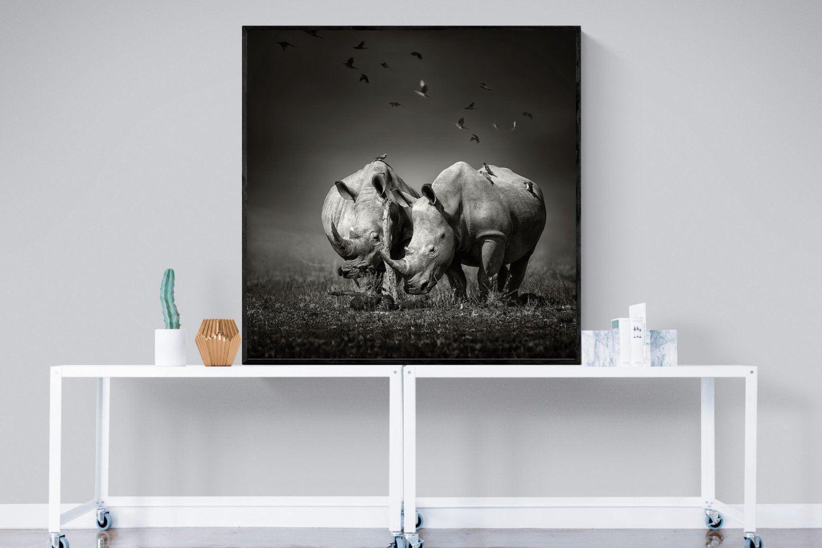 Rhino Pair-Wall_Art-120 x 120cm-Mounted Canvas-Black-Pixalot