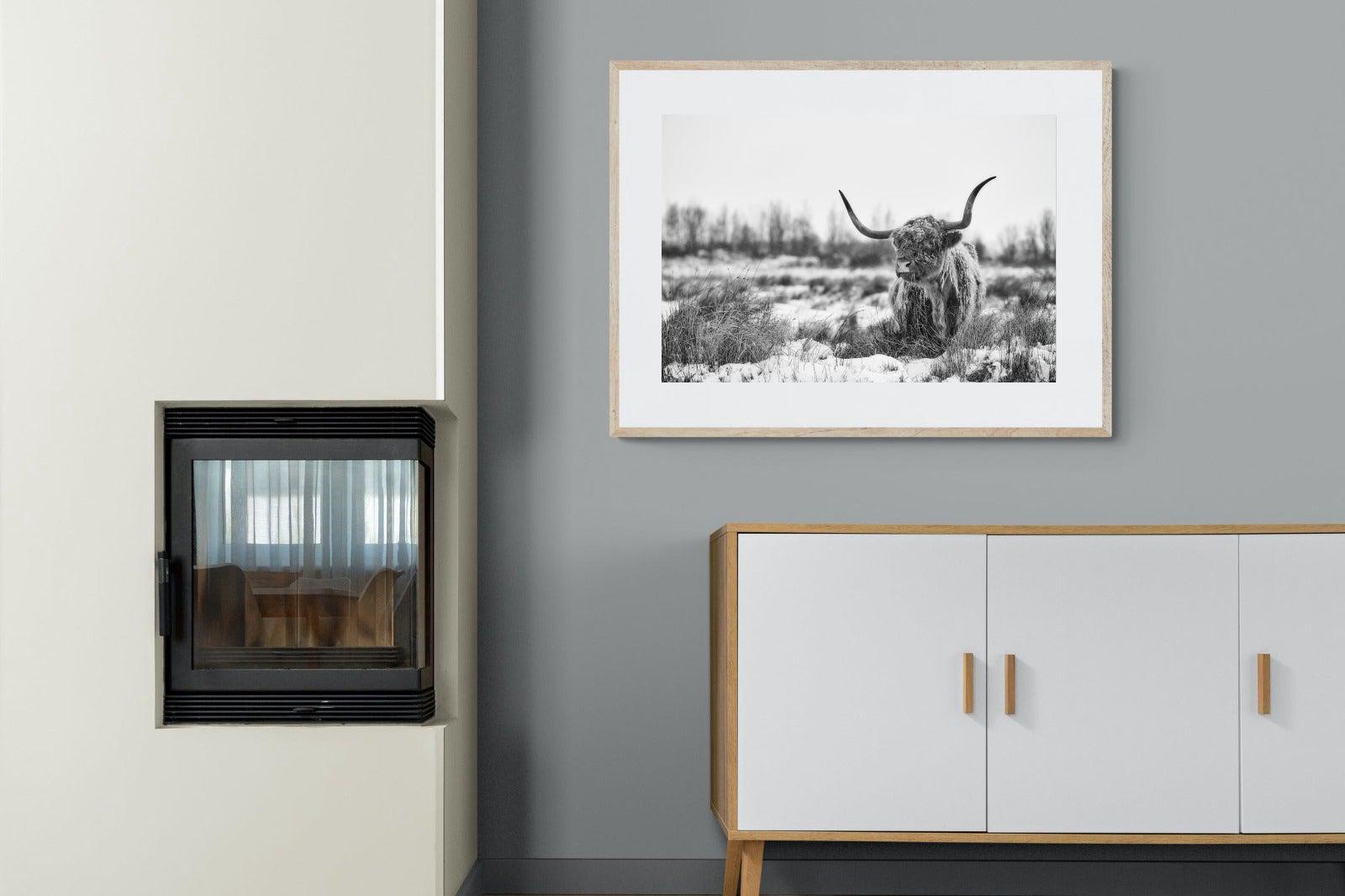 Scottish Highlander (black & white)-Wall_Art-100 x 75cm-Framed Print-Wood-Pixalot