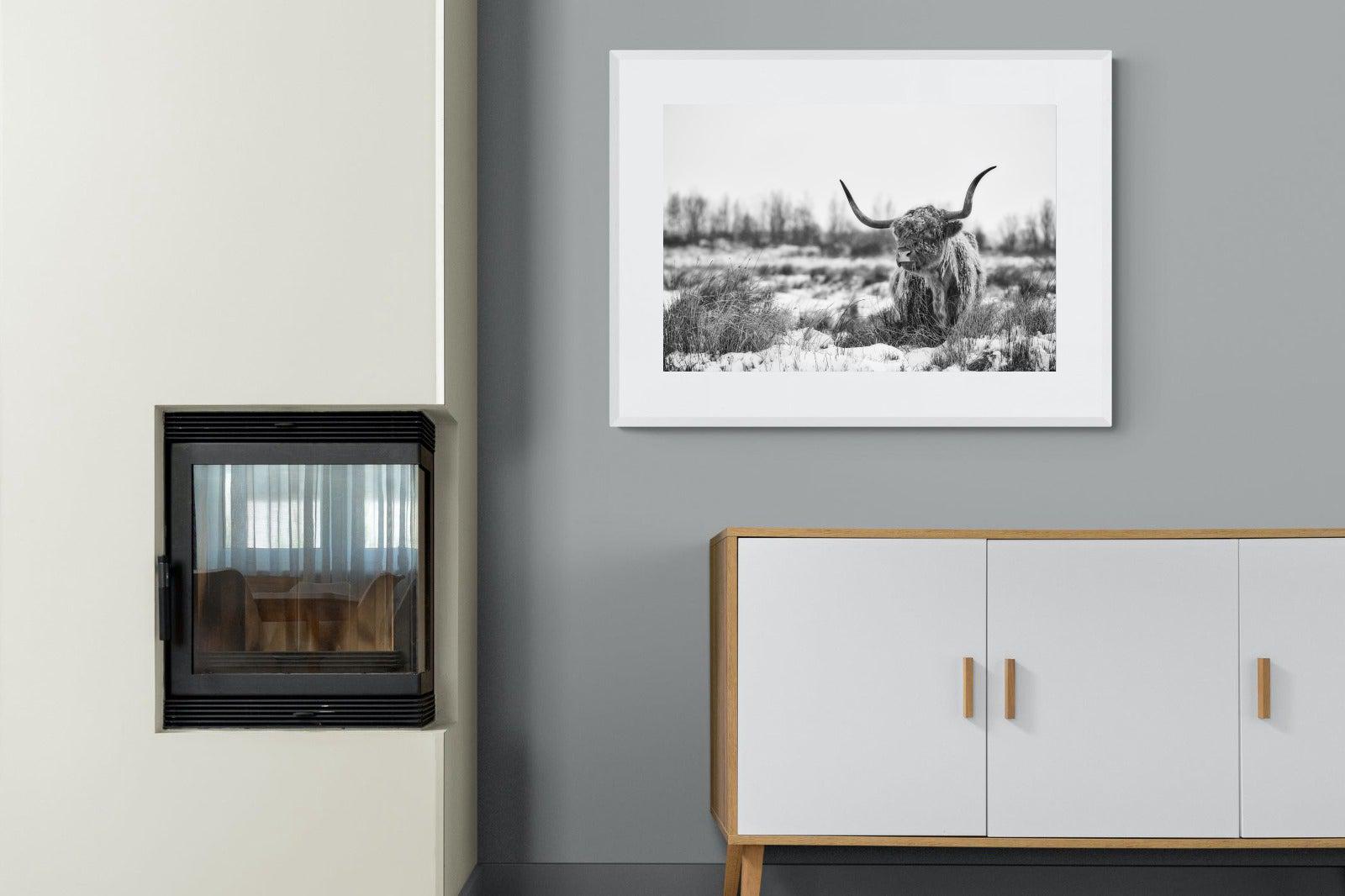 Scottish Highlander (black & white)-Wall_Art-100 x 75cm-Framed Print-White-Pixalot