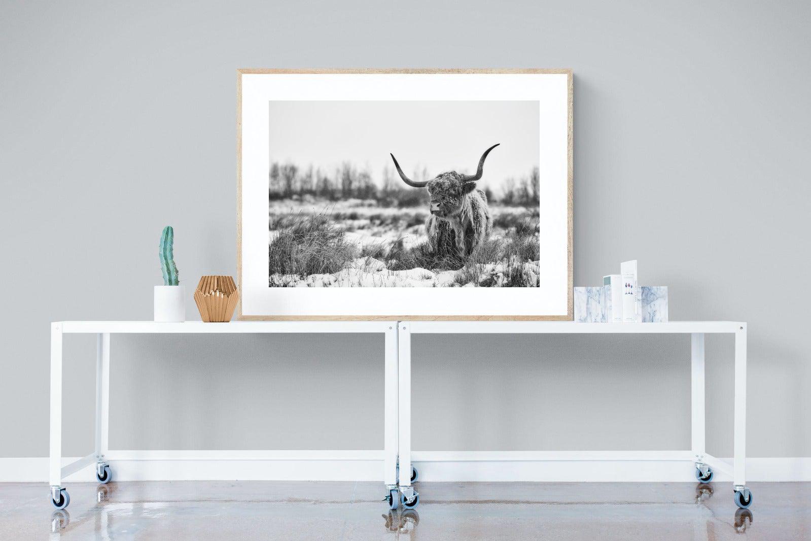 Scottish Highlander (black & white)-Wall_Art-120 x 90cm-Framed Print-Wood-Pixalot